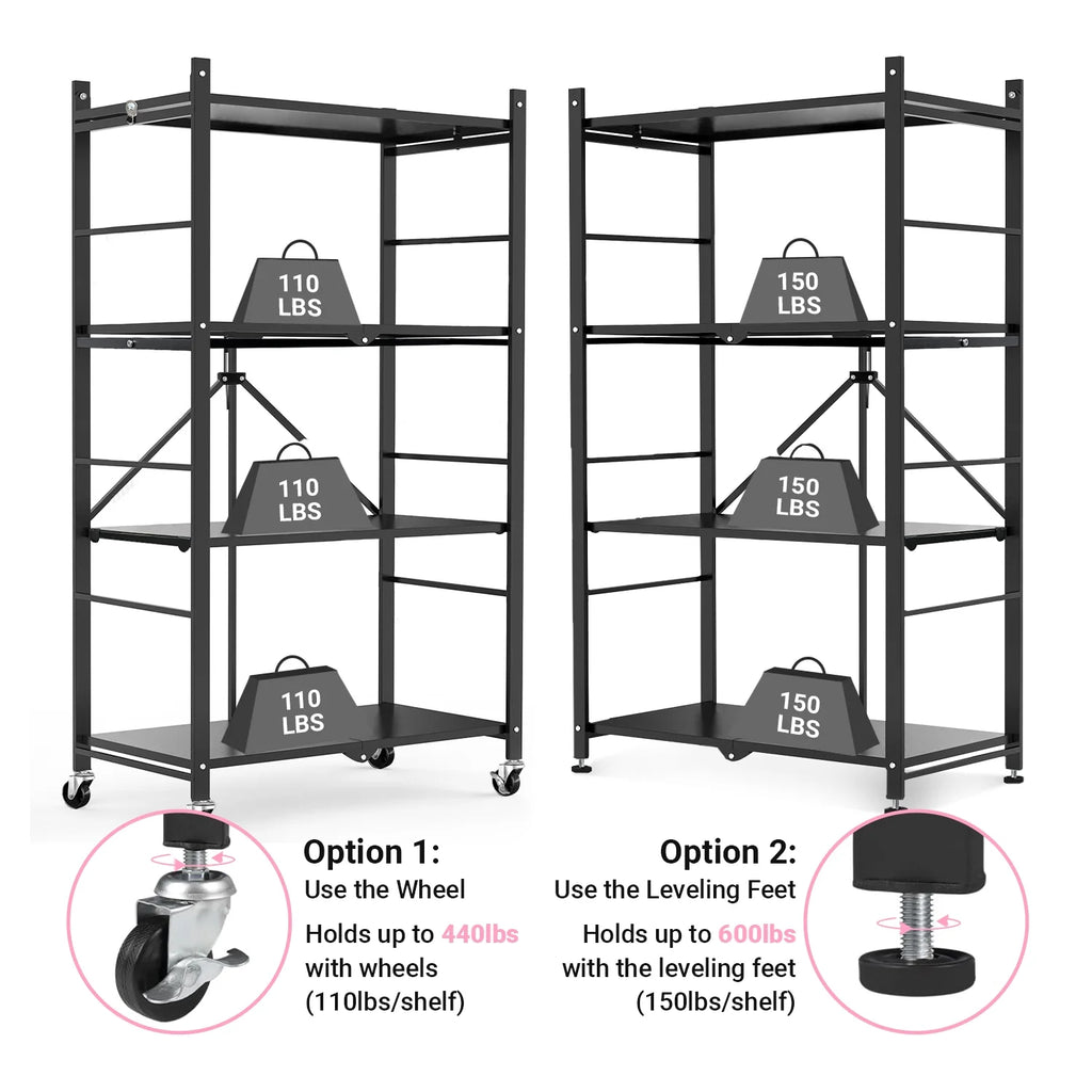 COOKCOK 4-Tier Storage Shelving Unit, Metal Shelf, Adjutable Height, Foldable Storage Shelf with Wheels, Garage Shelf, Kitchen Shelf, Side Protective, 400lbs Capacity, Black
