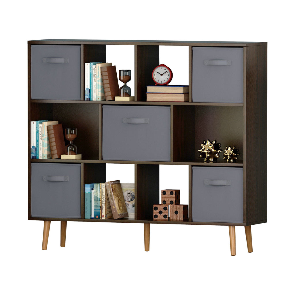 COOKCOK 11-Cube Storage Organizer, Bookshelf with Storage Bins, 4 Tier Freestanding Open Bookshelf with 5 Nonwoven Fabric Drawers,Brown