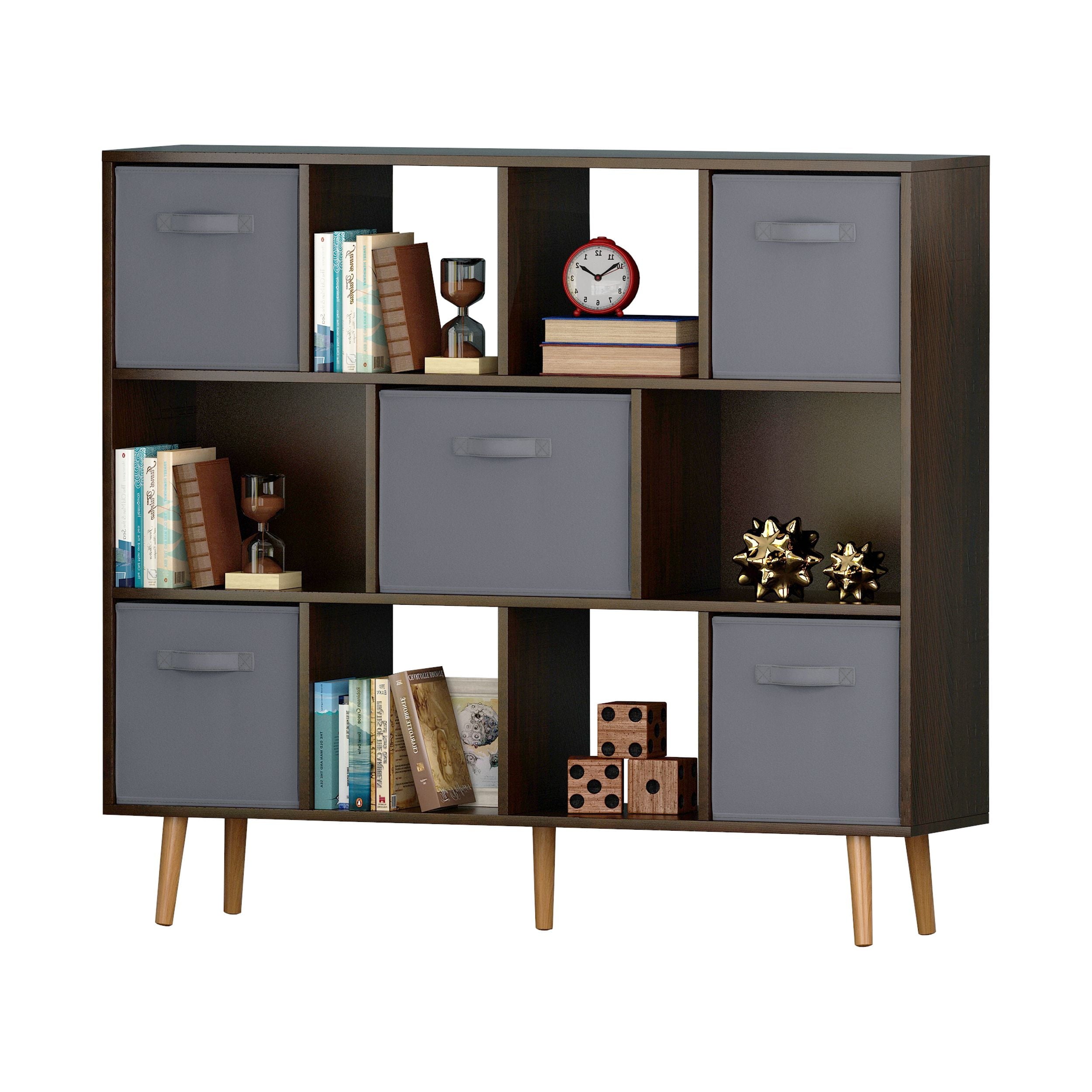 COOKCOK 11-Cube Storage Organizer, Bookshelf with Storage Bins, 4 Tier Freestanding Open Bookshelf with 5 Nonwoven Fabric Drawers,Brown