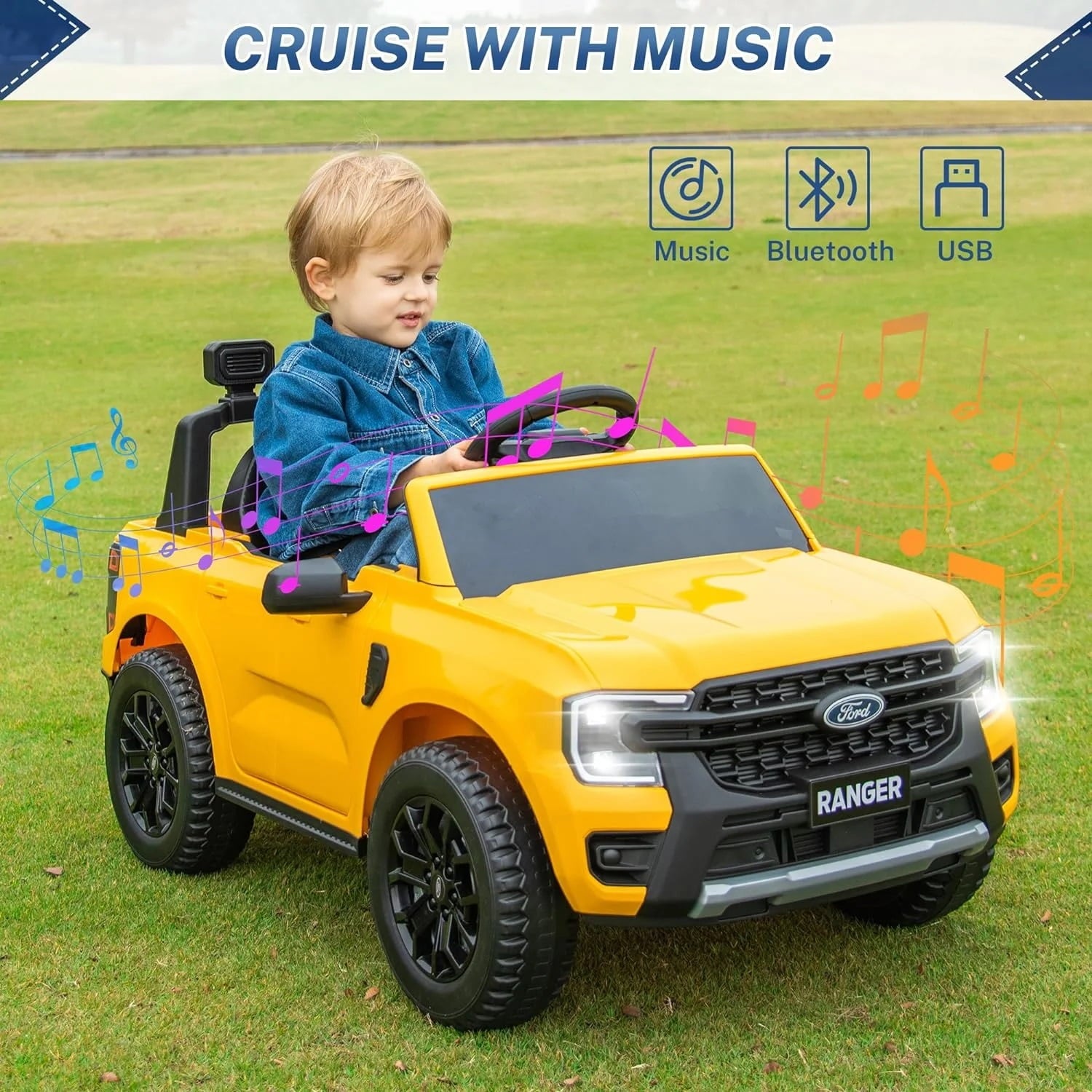 Track 7 12V Kids Ride on Car, Licensed Ford Ranger Electric Car with Remote Control, Music Player, LED Lights, Bluetooth, 12V Ride on Truck Car for Boys Girls Age 3+, Yellow