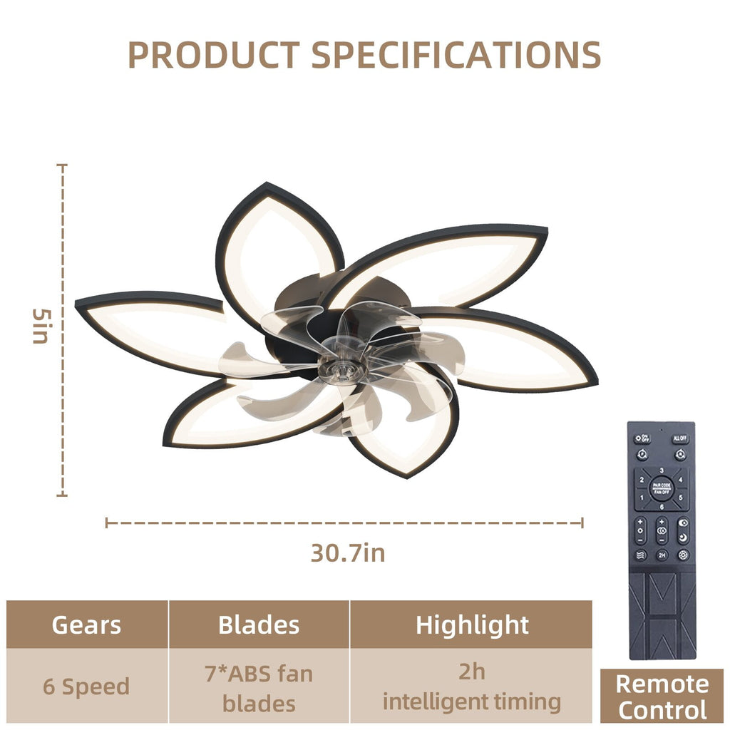 COOKCOK 30.7In Modern Low Profile Ceiling Fans with Dimmable Led Light, Flower Shape Ceiling Light Fan with Remote Control/app Control, Timing 6 Gear Speeds Fan Ceiling Lamp