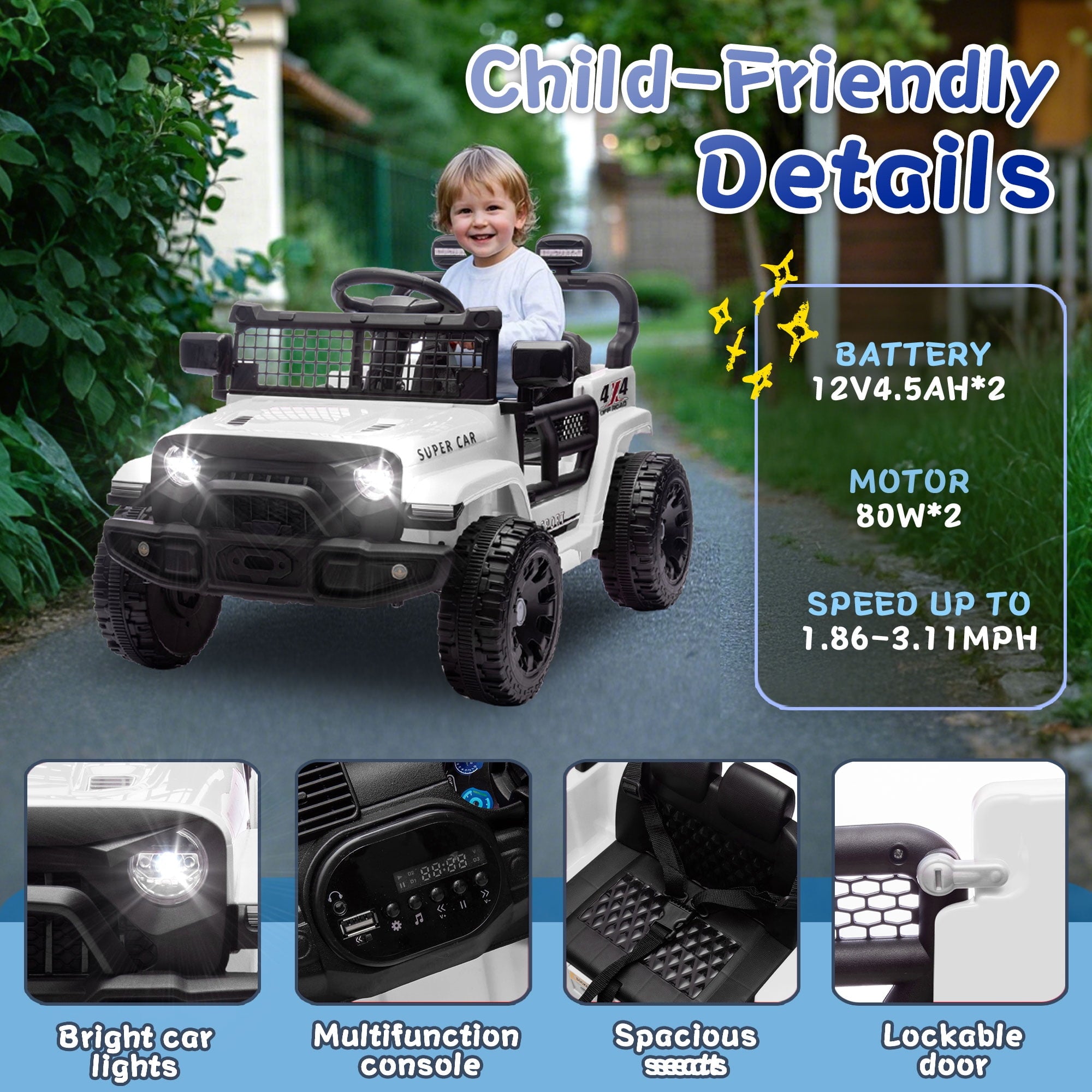 Track 7 24V Kids Ride-On Car with Remote Control, 2WD, Four-Wheel Suspension with Large Wheel Design, Power Display, Bluetooth, MP3 Player, LED Lights, and Speed Control for Ages 2-5, White