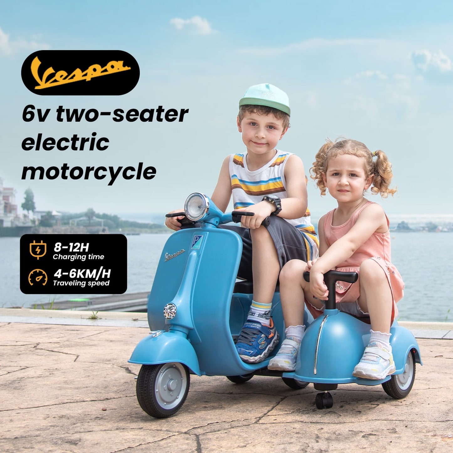 Track Seven 2-Seater Ride on Motorcycle, Licensed Vespa Electric Motorcycle with Side Car, 2-Seater Ride on Car, Music, Storage Bin, Max Speed 3.7mph, Blue