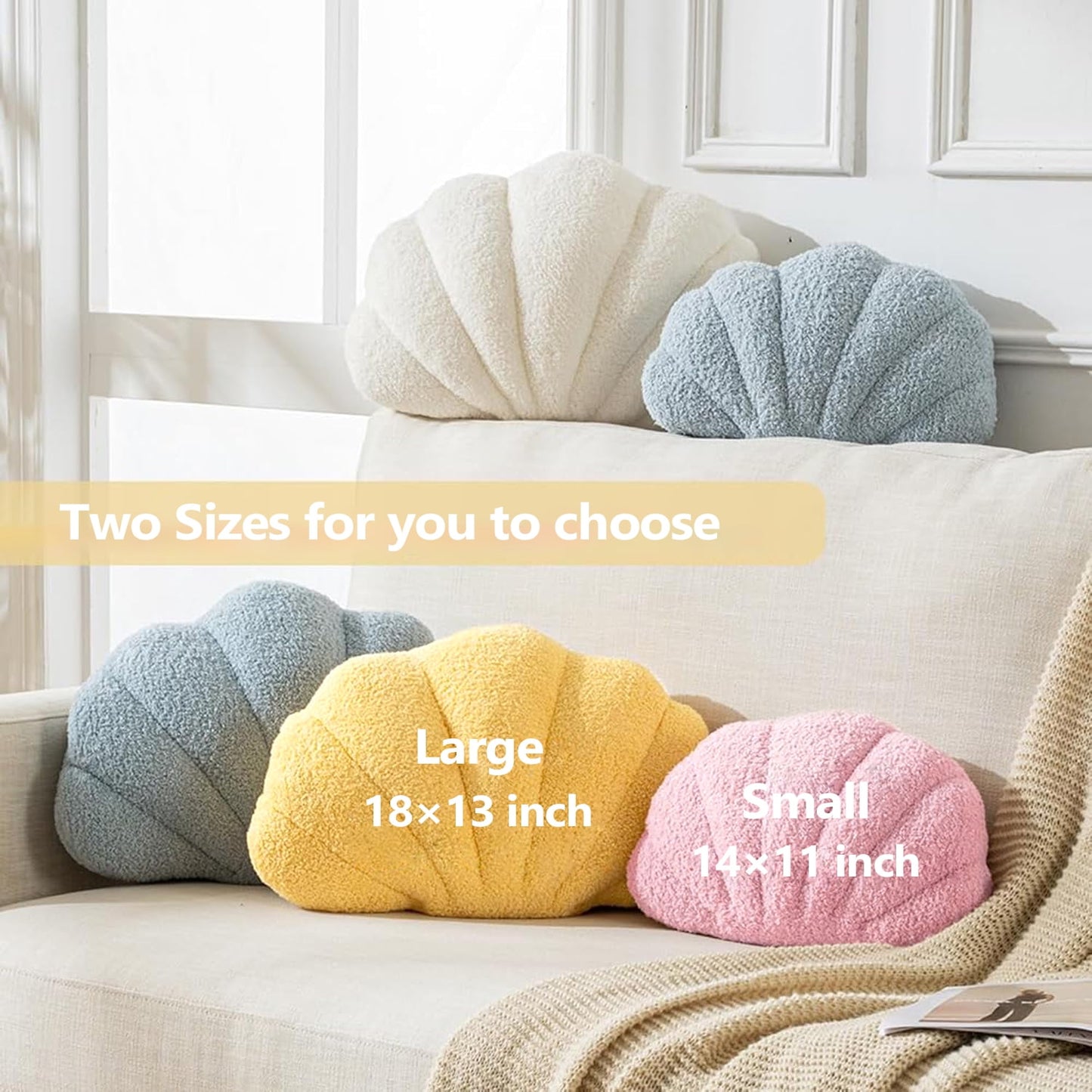 COOKCOK Shell Pillow, Seashell Throw Pillows, 14" x 11" Soft Decorative Pillow Plush Cushion for Bed Couch Living Sofa Room Decor Accent Throw Pillow, White