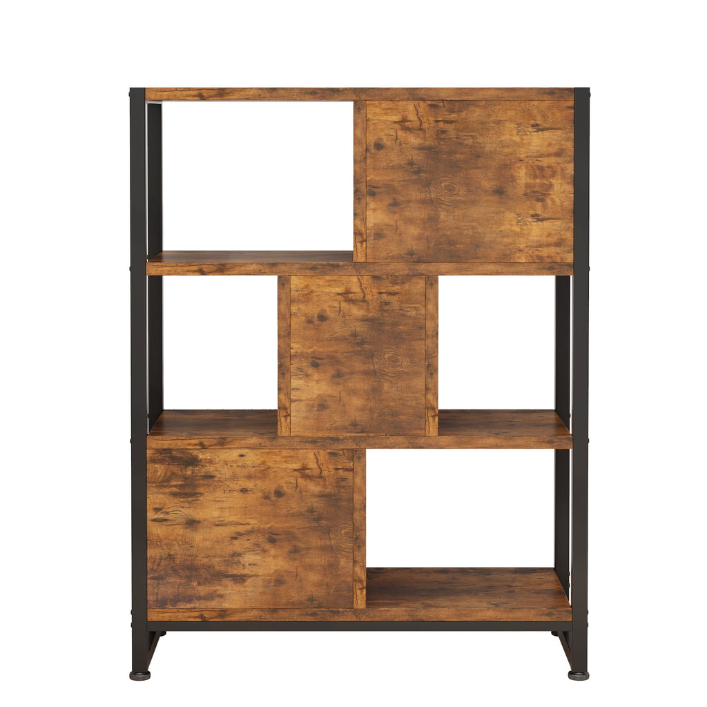 COOKCOK  4 Tier Bookshelf, 40.5'' Tall Bookcase with 3 Non-Woven Fabric Storage Drawers, Industrial Display Standing Shelf Unit in Iron Frame & Solid Wood for Bedroom, Living Room, Entryway, Brown
