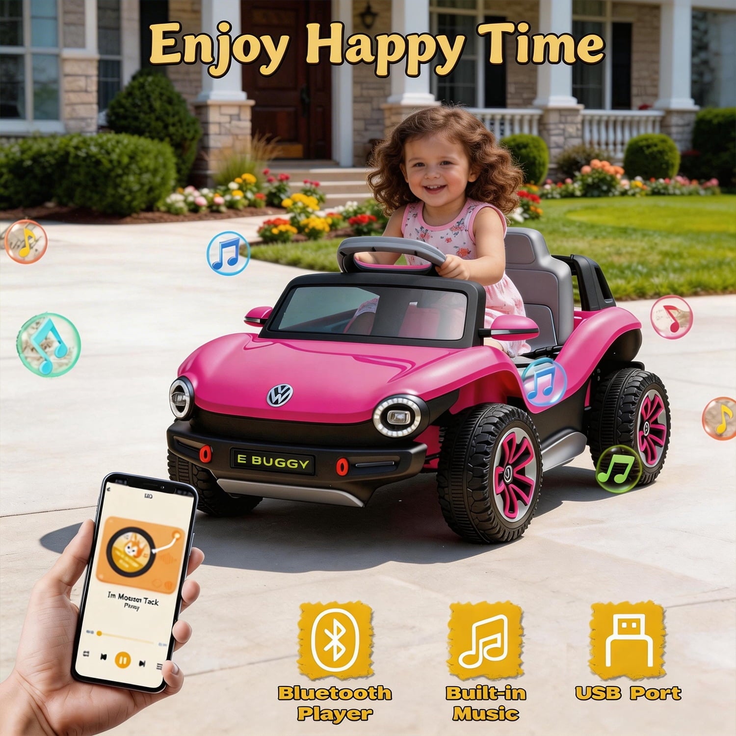 Track Seven 12V Ride on Car, Licensed Volkswagen Beetle Kids Electric Car with Remote Control, Bluetooth, USB, Rear Storage, LED Light, 2WD, Electric Ride on Toy Car for Kids Toddlers Aged 3+