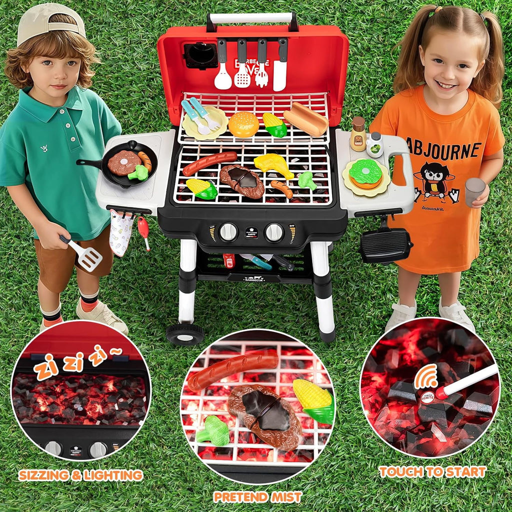 Track Seven Kids Play Kitchen Toys, Kids BBQ Grill Playset with Smoke Sound Light, 2-Layer Barbecue Toy with Wheels, Outdoor Play Food Toys Cooking Set for Toddlers 3-5, Birthday for Boys Girls