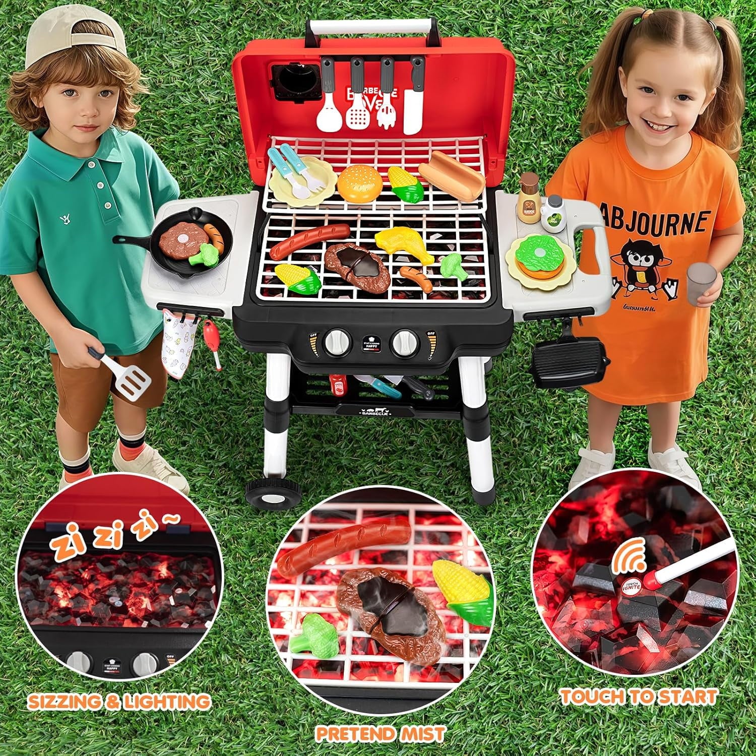Track Seven Kids Play Kitchen Toys, Kids BBQ Grill Playset with Smoke Sound Light, 2-Layer Barbecue Toy with Wheels, Outdoor Play Food Toys Cooking Set for Toddlers 3-5, Birthday for Boys Girls