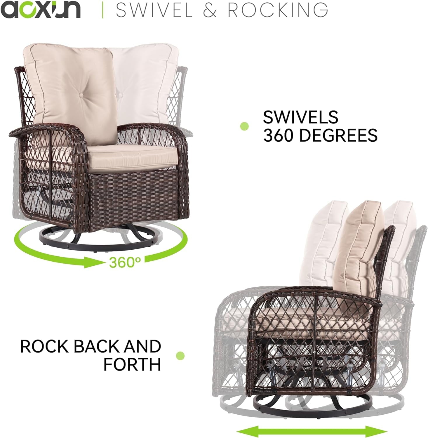 COOKCOK 3 Pieces Outdoor Swivel Rocker Chair Set of 2 with Small Side Table Wicker Rattan Patio Furniture Set Outdoor Rocking Chair Set for Backyard, Balcony, Deck, Beige