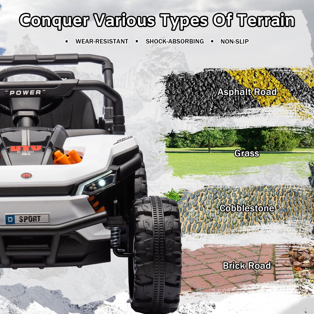 Track 7 24V Ride on UTV, Kids Ride on Car with Remote Control, Off-Road Electric UTV, 20" Large Seat, Bluetooth, LED Lights, Rear Storage, Early Education, Electric Car for Kids Age 3+, White