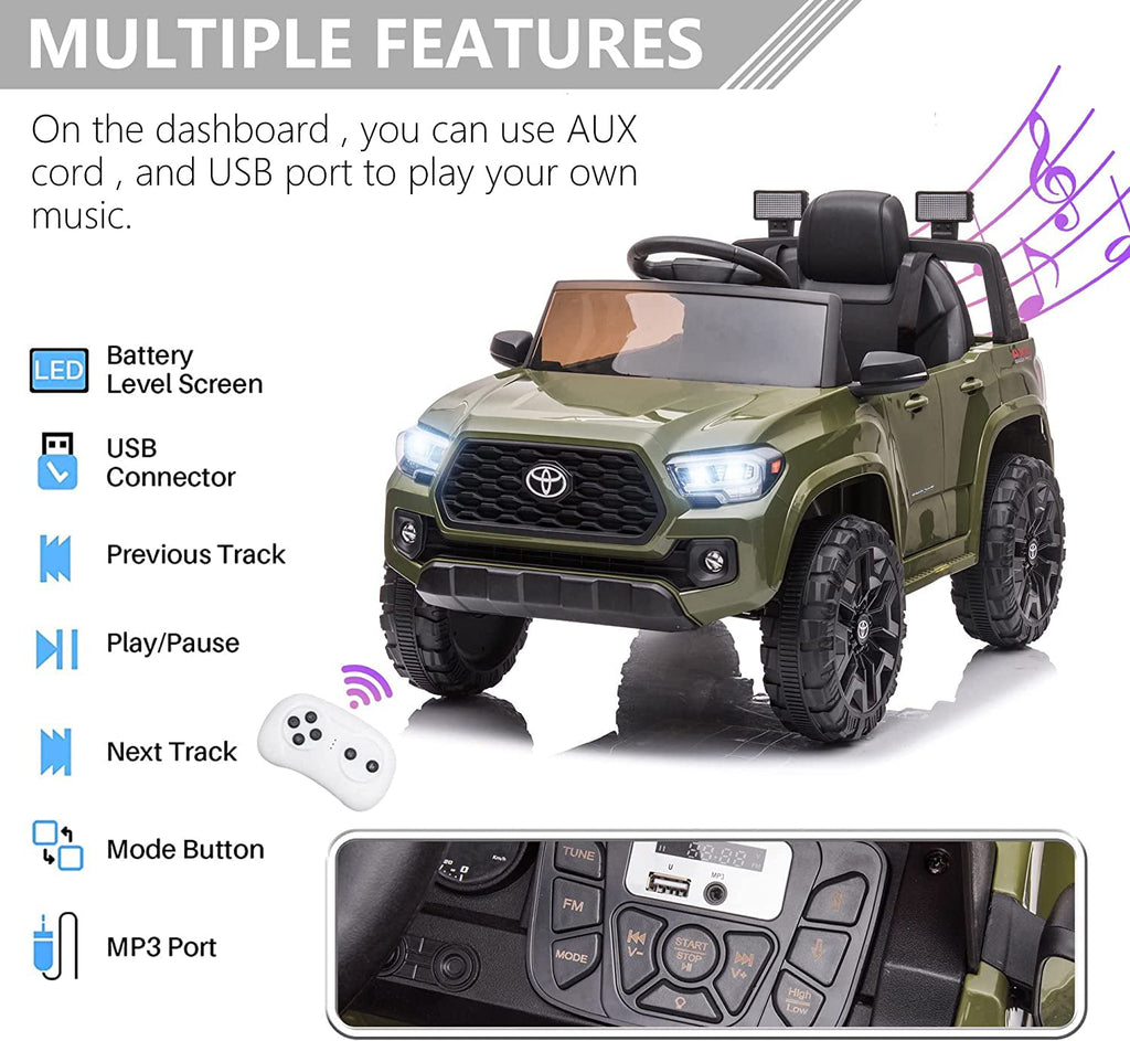 Track 7 Ride on Car with Remote Control, 12V Toyota Tacoma Electric Car for Boys Girls Age 3+, AUX/FM/USB, Storage Truck, Green