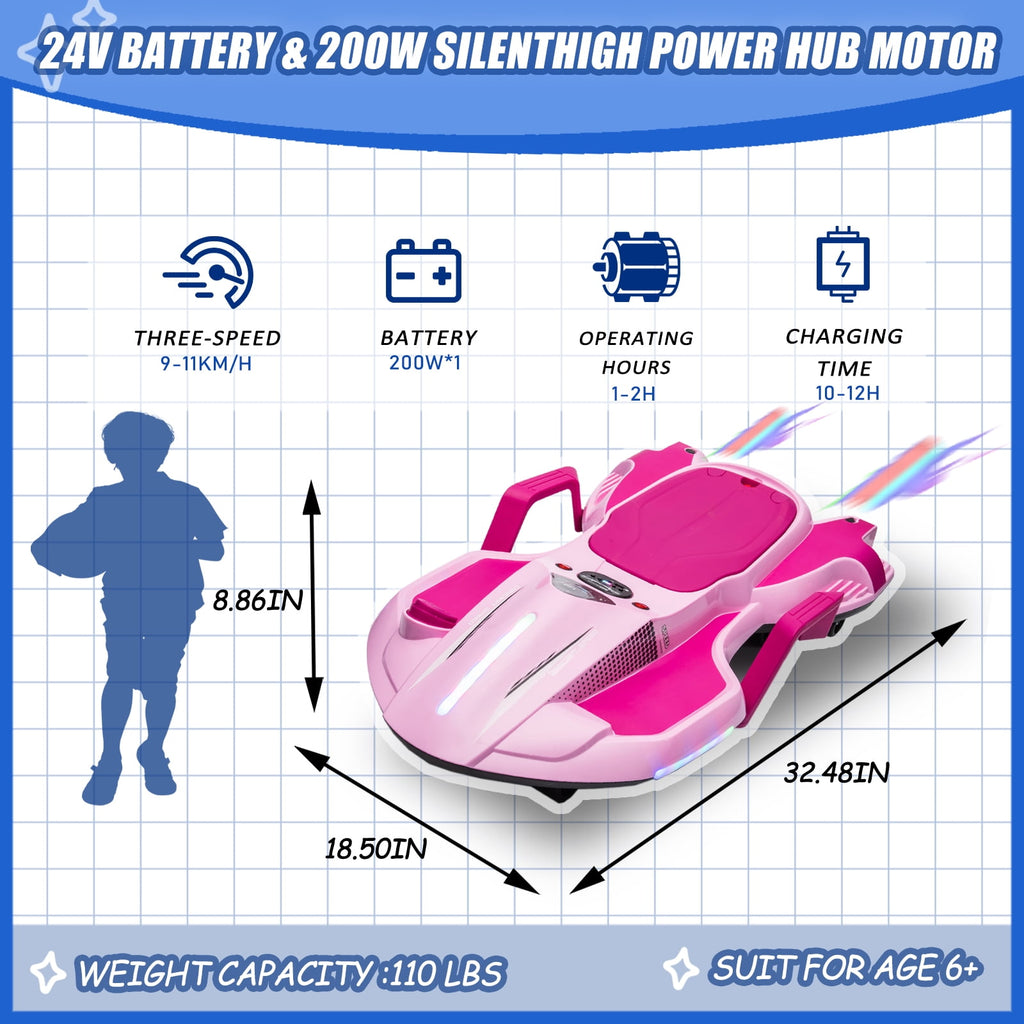 Track 7 24V Ride on Car with Helmet, Knee Pads, Gloves, Devilfish Pattern Ride on Electric Scooter with Spray Function, Gravity Steering, Music, Handrails, Max Speed 6.84 mph, Pink