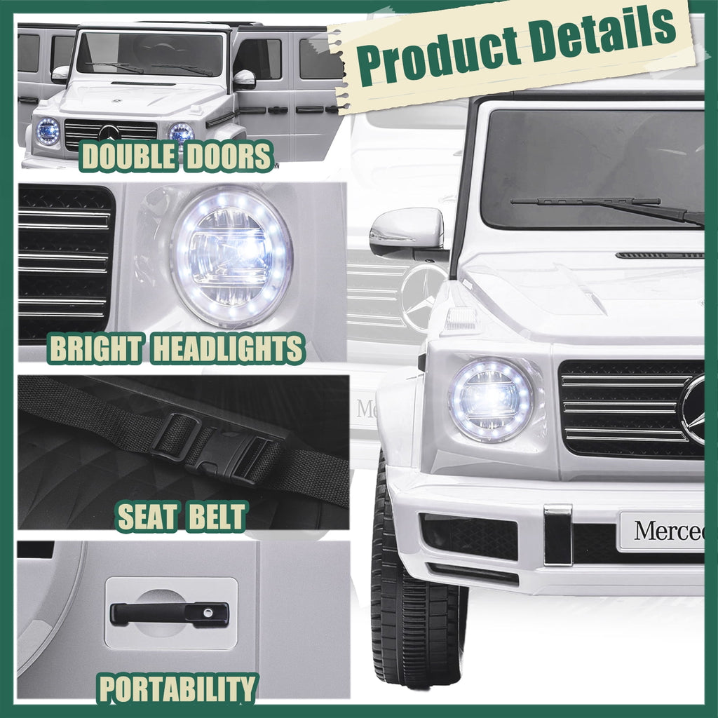 Track 7 24V Ride on Car, Licensed Mercedes-Benz G500 Electric Car with Remote Control, USB, Bluetooth, LED Lights, Ride on Truck for Boys Girls Age 3+, White