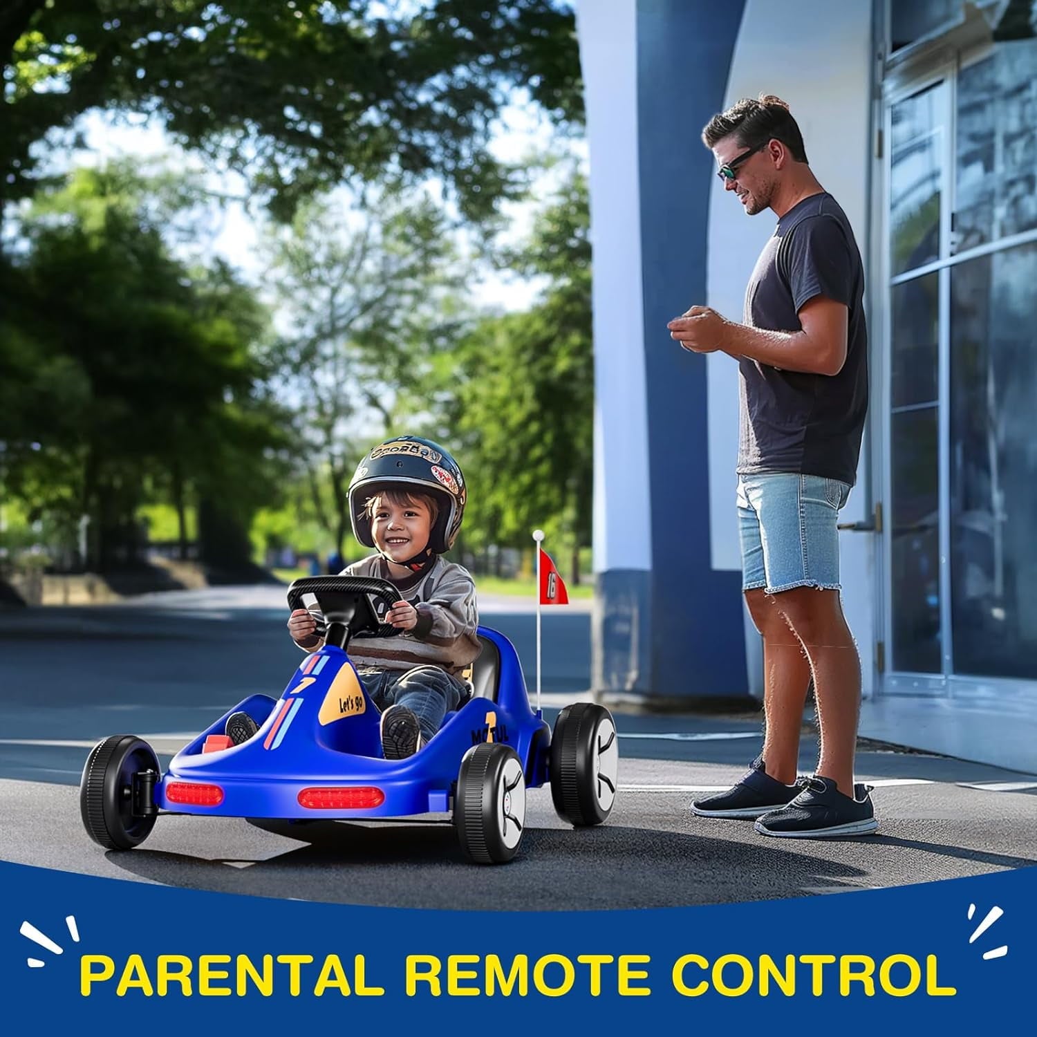 Track 7 12V Ride on Go Kart, Kids Electric Drifting Go Kart with Remote Control, Flashing Taillight, Bluetooth, Storytelling, Max Speed 3.7 mph, Portable Electric 4-Wheeler Car for Boys Girls Age 3+, Blue