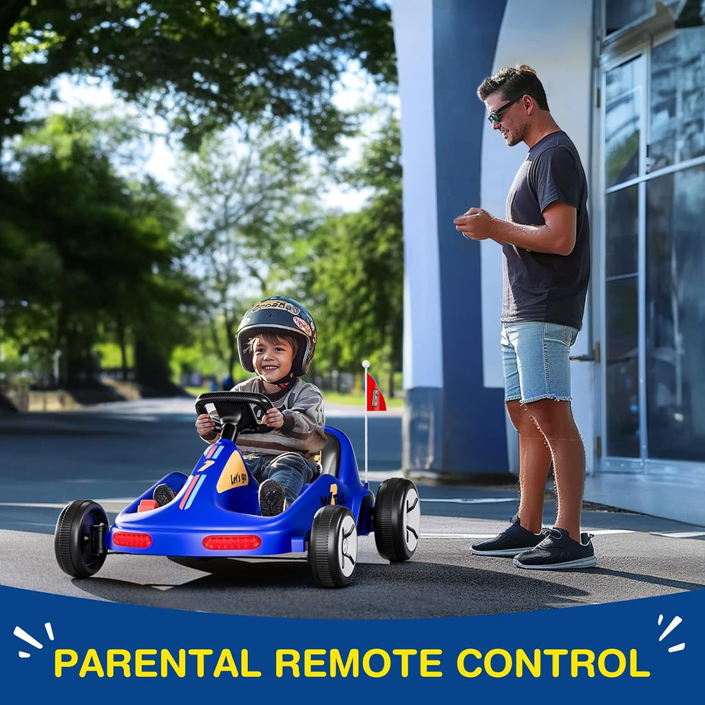 Track Seven 12V Ride on Car, Kids Electric Drifting Go Kart with Remote Control, Flashing Taillight, Bluetooth, Storytelling, Max Speed 3.7 mph, Portable Electric 4-Wheeler Car for Kids Age 3+, Blue
