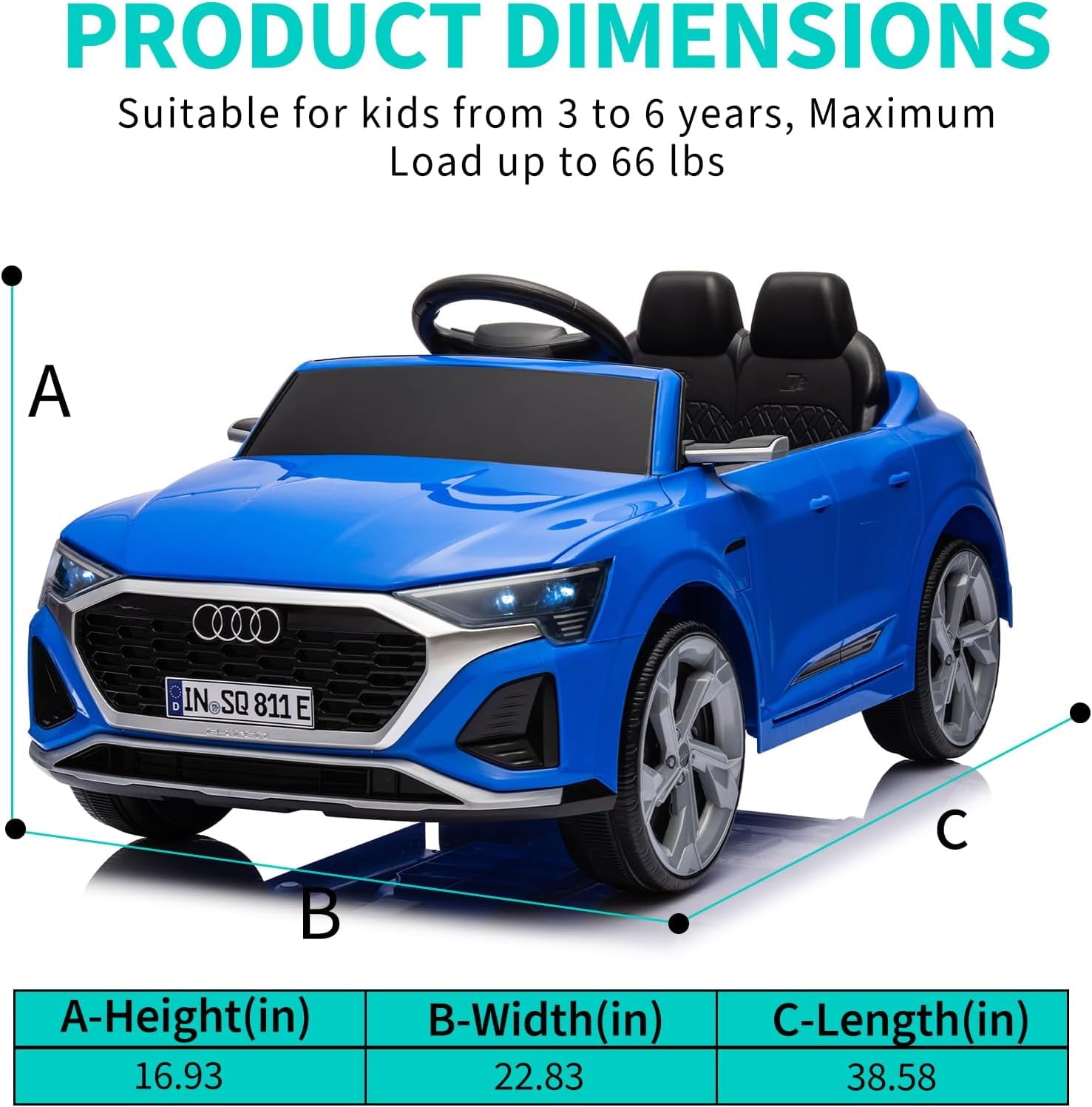 SUSIELADY 12V Licensed Audi SQ8, Kids Ride on Car, with Remote Control, Music, Hanging Start, Speed Adjustment, LED Lights, Suspension, Power Display, for Kids Age 3+