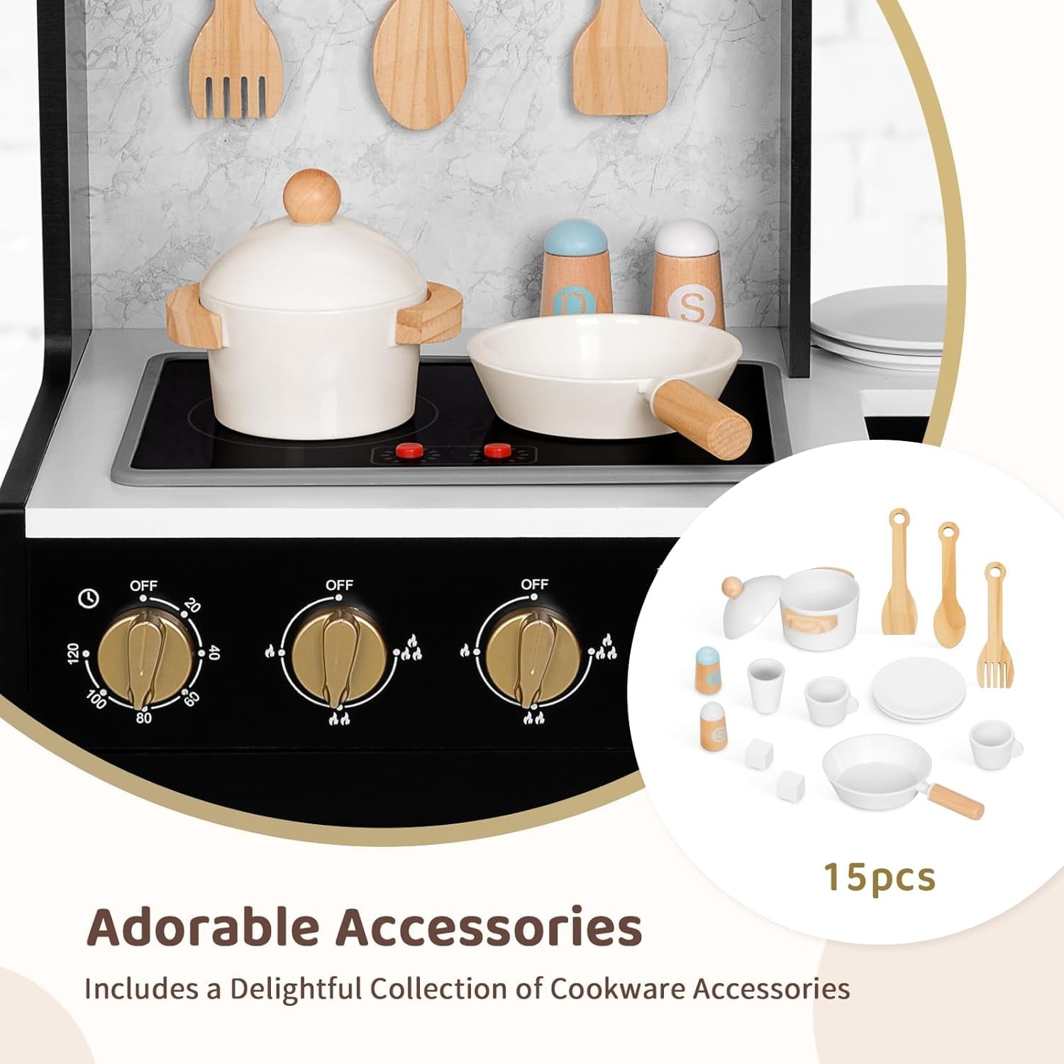Track Seven Wooden Play Kitchen Set for Kids, Toddler Kitchen Playset with Real Lights & Sounds, Including 14 Pcs Accessories, Gift for Girls and Boys