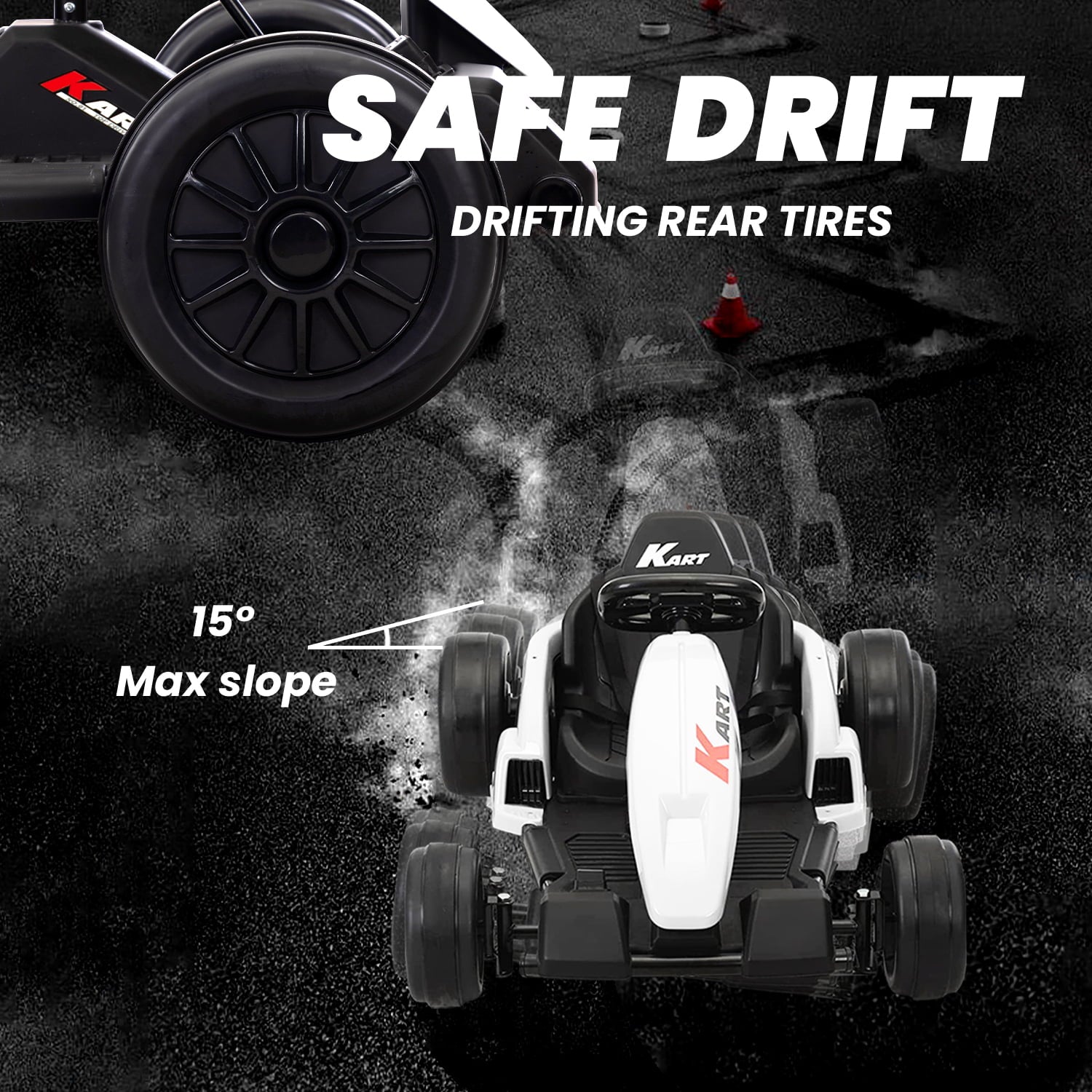 Track 7 24V Electric Drifting Go Kart for Kids,Max Speed Up to 8mph,Music,Safety Belt,Helmet,Knee Pads,Elbow Pads,Palm Pads.Electric Ride on Car,Racing Drift Kart for Kids Age 3+,White
