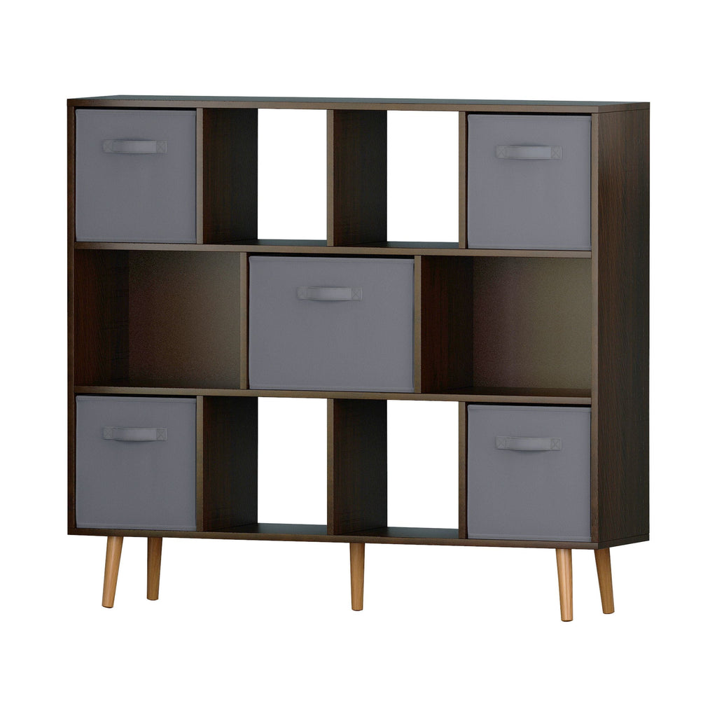 COOKCOK 11-Cube Storage Organizer, Bookshelf with Storage Bins, 4 Tier Freestanding Open Bookshelf with 5 Nonwoven Fabric Drawers,Brown