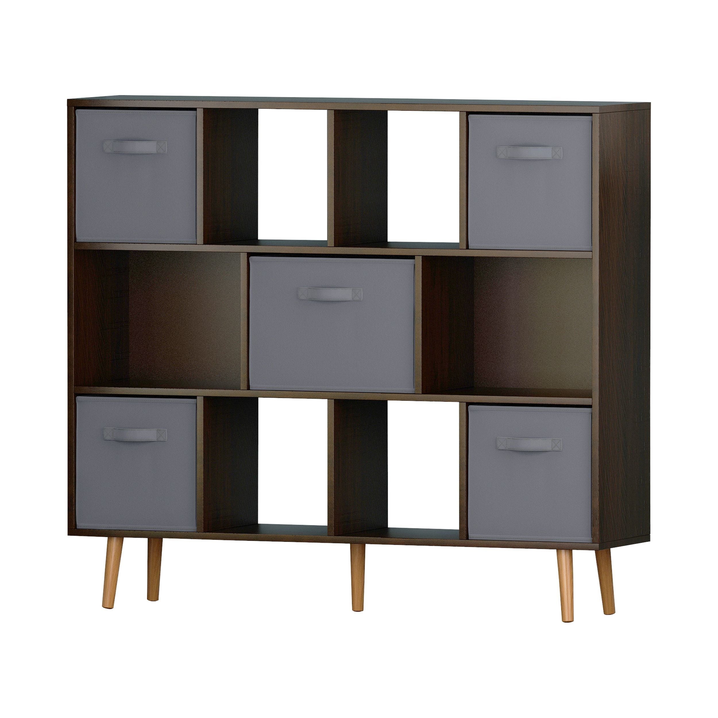 COOKCOK 11-Cube Storage Organizer, Bookshelf with Storage Bins, 4 Tier Freestanding Open Bookshelf with 5 Nonwoven Fabric Drawers,Brown