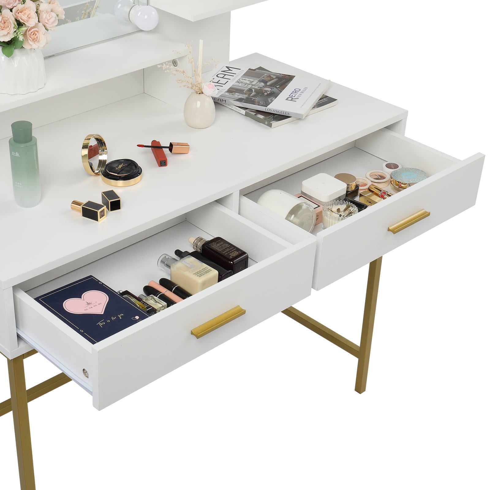 COOKCOK Vanity Desk with Lights, Makeup Table with Cushioned Stool, 3 Storage Shelves 2 Drawers, Dressing Table Dresser Desk for Women, Girls, Bedroom, White