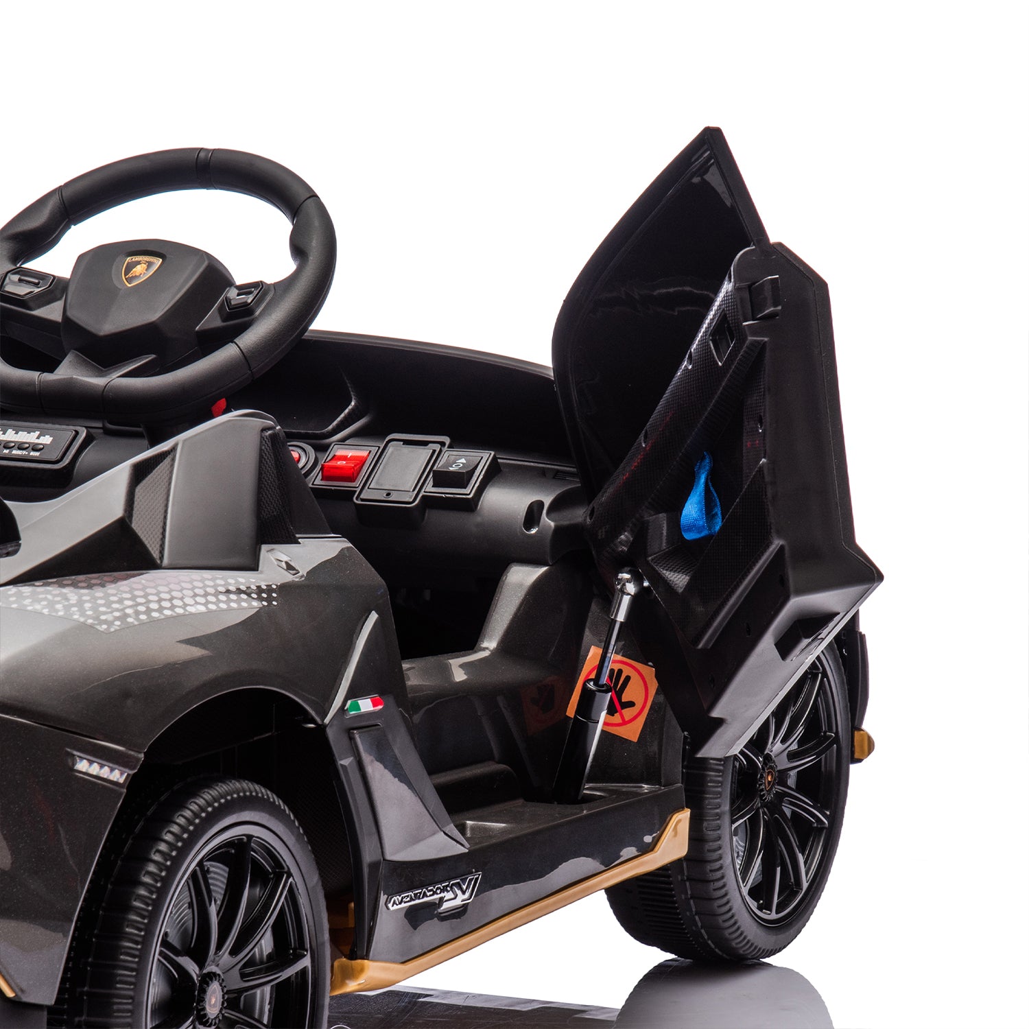 Track 7 12V Licensed Lamborghini Aventador Xago Ride on Car with Remote Control, Hydraulic Door, Bluetooth MP3/USB, LED Lights, Early Education, Electric Sports Car for Boys Girls Age 2+, Black