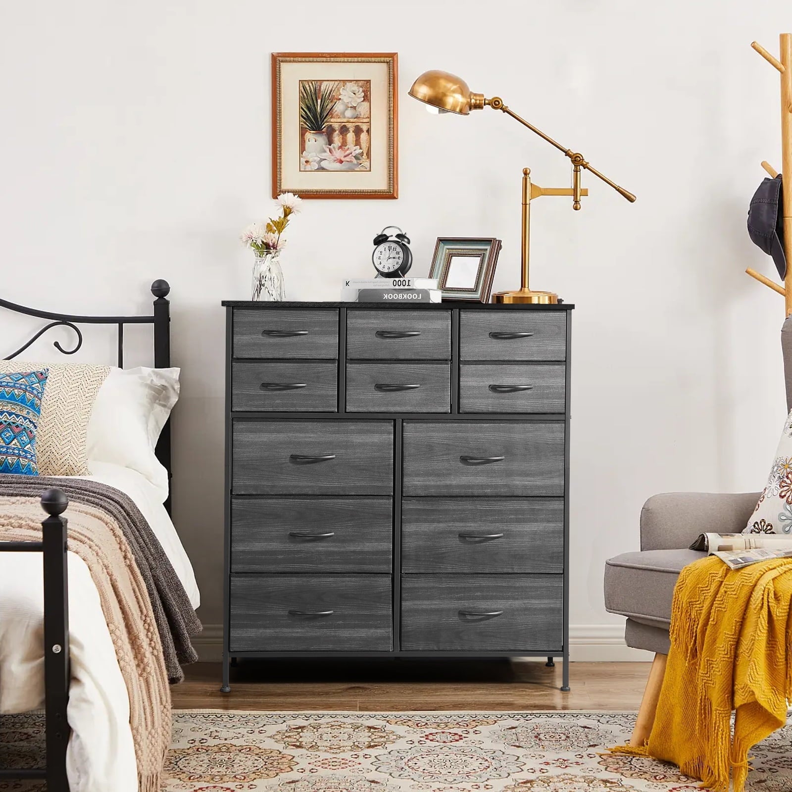 COOKCOK Fabric Dresser with 12 Drawers - Storage Tower with Large Capacity, Organizer Unit for Living Room - Sturdy Steel Frame, Easy Pull Fabric Bins & Wooden Top