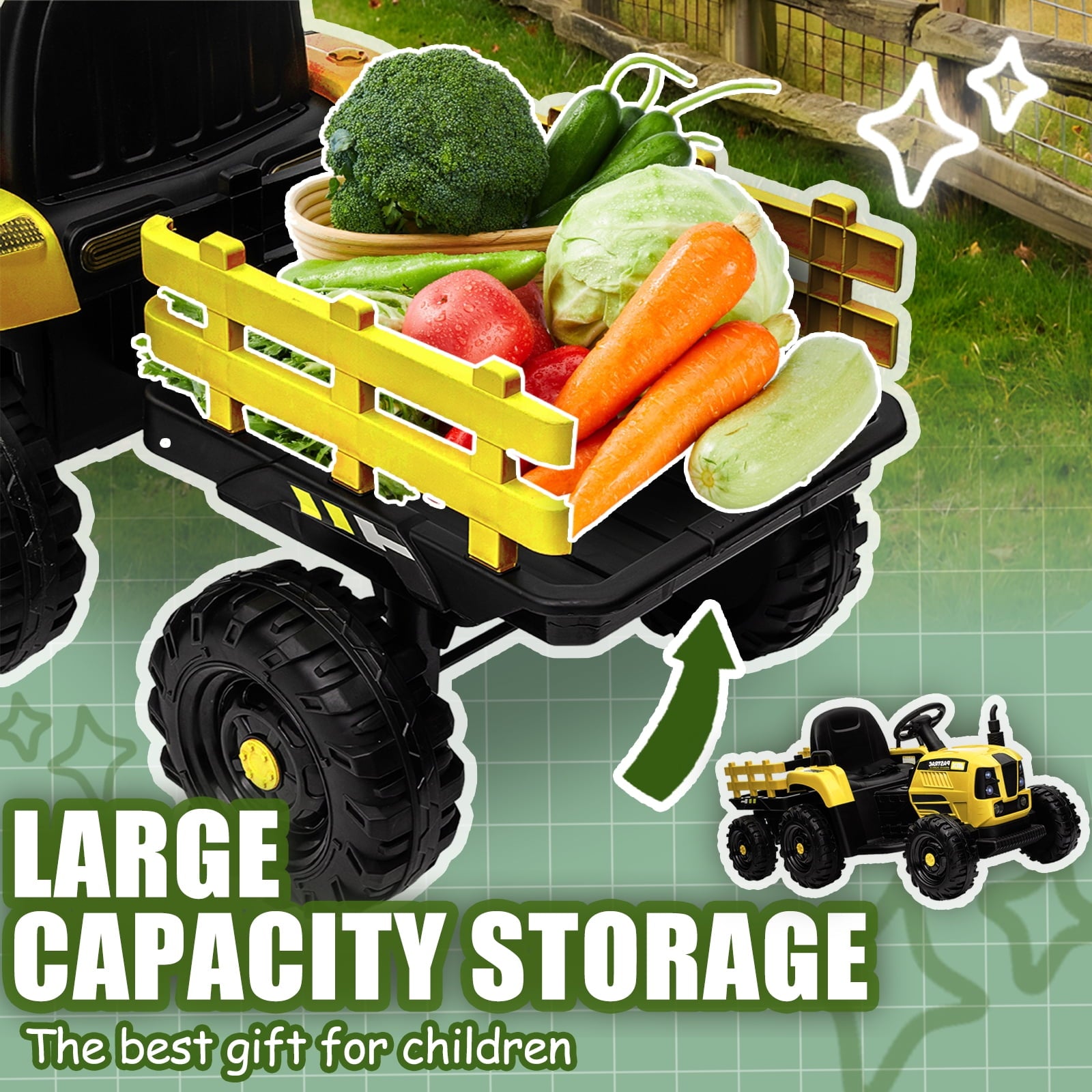 Track 7 12V Ride on Tractor with Trailer, 3-Gear-Shift Ground Loader, Kids Ride on Car with Remote Control, Bluetooth, Music, LED Lights, Electric Car for Boys Girls, Yellow