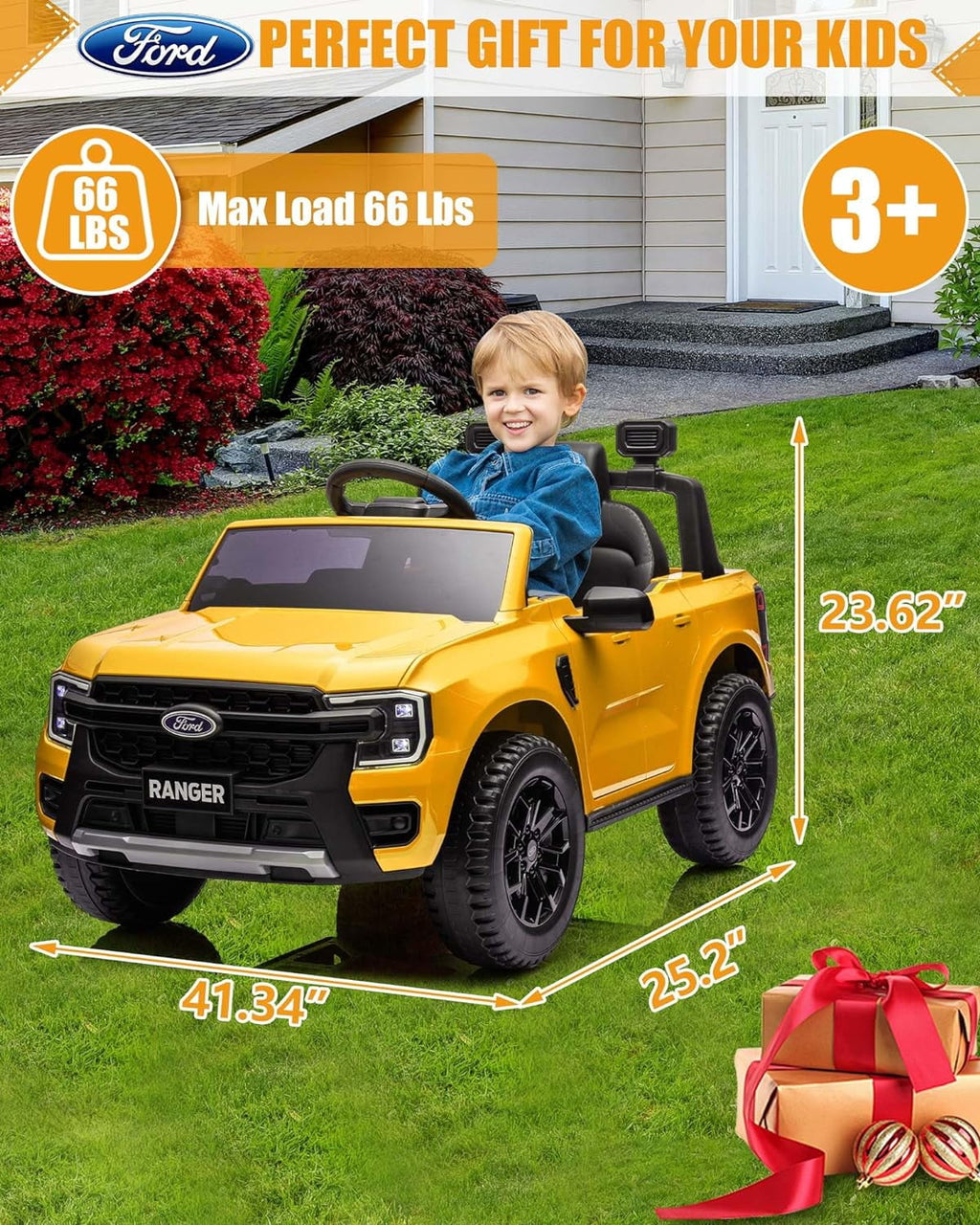 SUSIELADY 12V Licensed Ford Ranger, Kids Ride on Pickup Truck, with Remote Control, Music Player, LED Lights, Bluetooth, Soft Start, for Kids Aged 3+