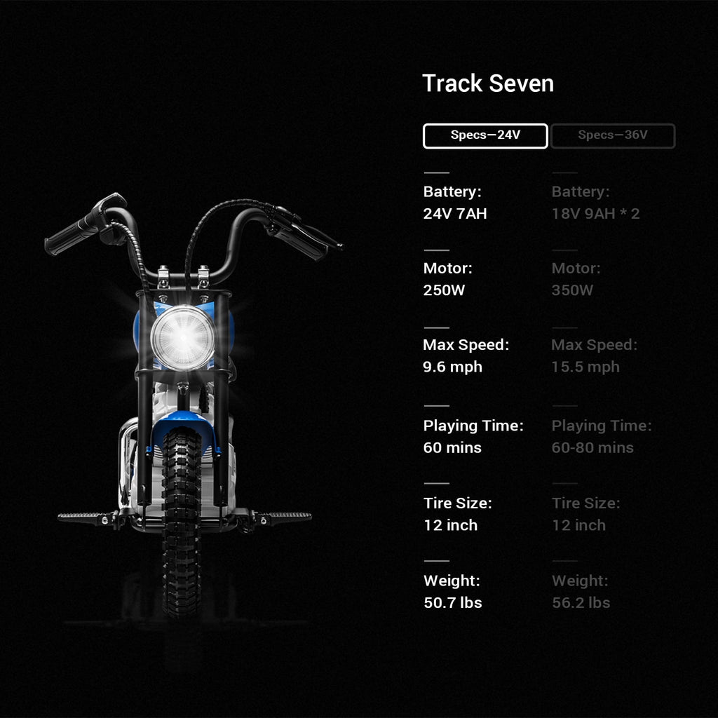 Track 7 24V Electric Dirt Bike for kids, 250W Ride on Motorcycle with Twist Grip Throttle, Hand-Operated Brakes, Key Start, Off-Road Motocross Speed Up to 10 MPH, Age 8+, Blue