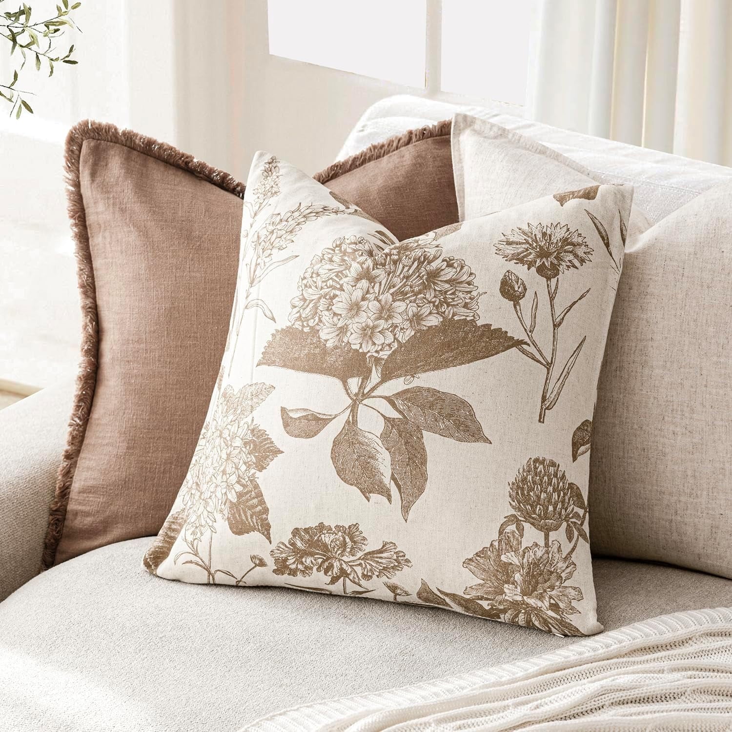 COOKCOK Set of 2 Linen Floral Vintage Throw Pillow Covers Neutral Accent Print Decorative Cushion Covers Farmhouse Home Decor for Sofa Chair Couch Bedroom Living Room Outdoor, 18"x18", Light Brown