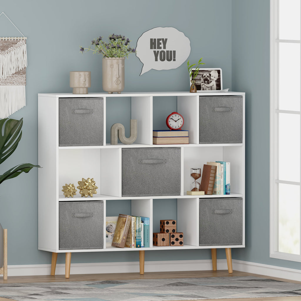 COOKCOK 11-Cube Storage Organizer, Bookshelf with Storage Bins, 4 Tier Freestanding Open Bookshelf with 5 Nonwoven Fabric Drawers,White