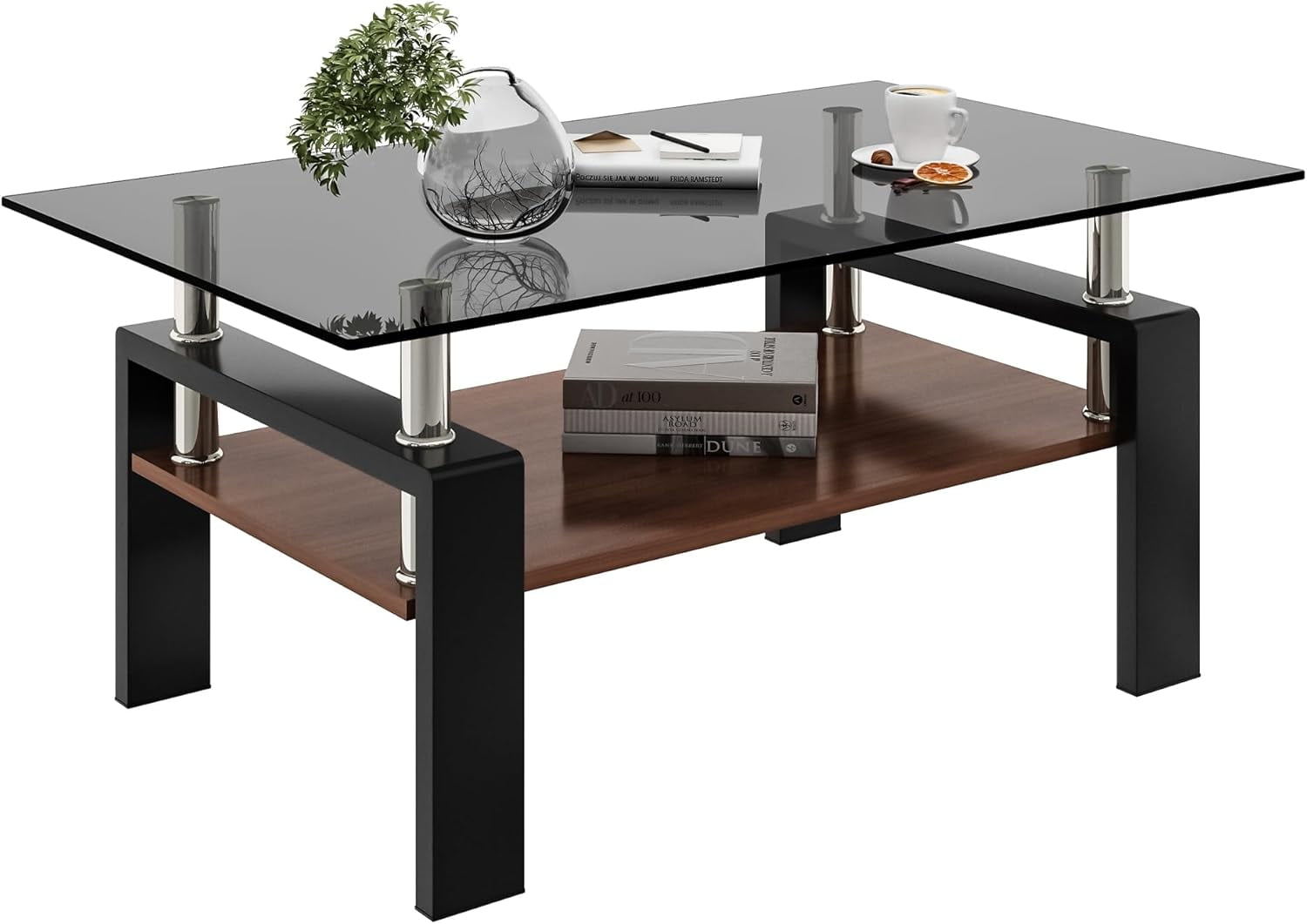 BISHE Glass Coffee Table, Rectangular Modern Design, Tempered Brown Glass Tabletop, White MDF Layer, Sturdy Living Room Center Table, Perfect for Office or Lounge in 36" x 20" Size, Gray+Brown