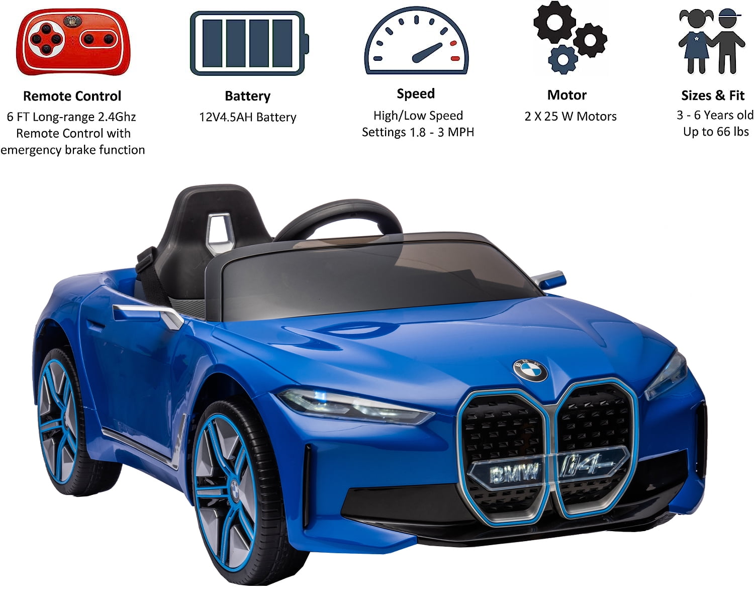 Track 7 Kids Ride on Car,Licensed BMW i4 12V Electric Car with Remote Control,MP3,Bluetooth,LED Light,Ride On Toy Electric Vehicle,Blue