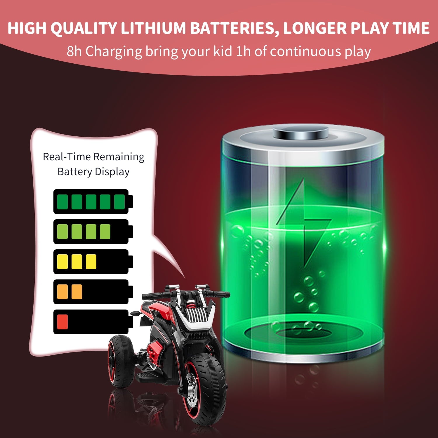 Track 7 Kids Ride on Motorcycle, 12V Electric Trike Motorcycle for Boys Girls Age 3+, 3 Wheels Motorcycle, Music, Red