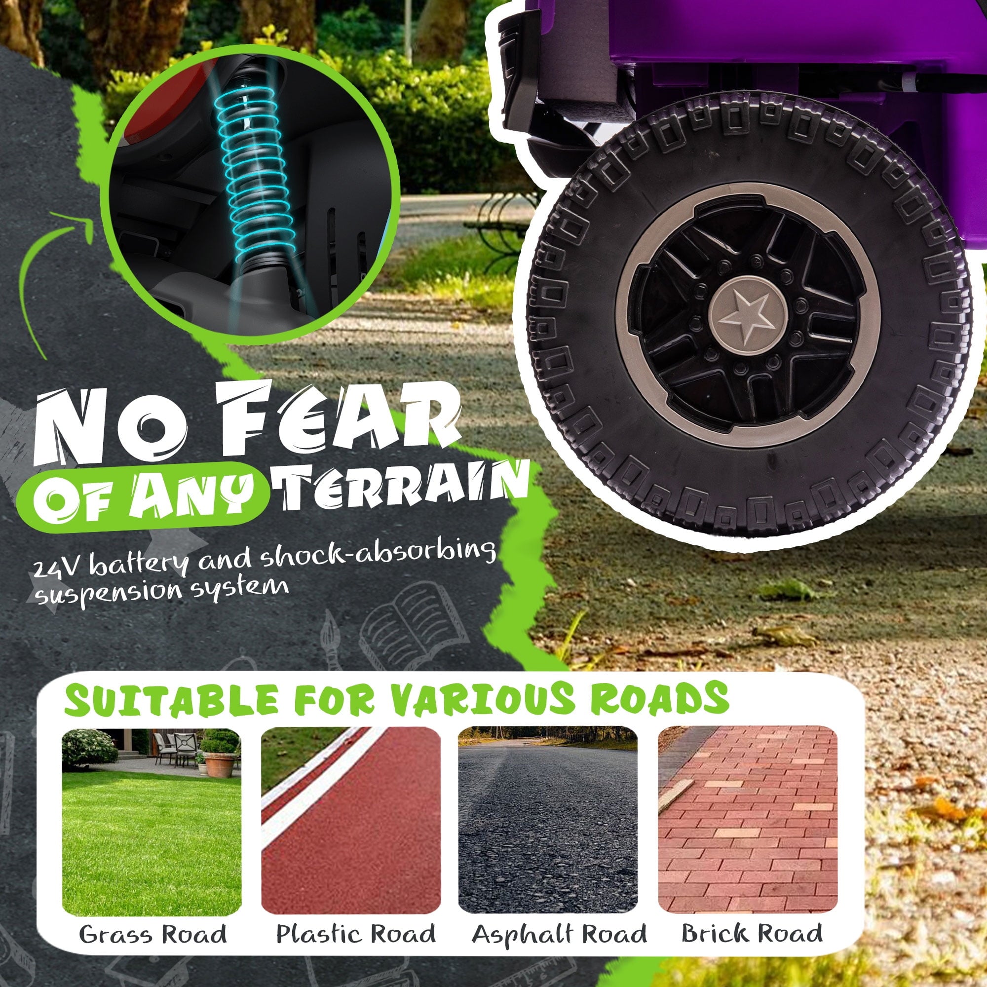 Track 7 24V Ride on Car, 2-Seater Ride on Truck, 400W Motors, 20" Width Seat, LED Lights, Music, Bluetooth, Remote Control, Electric Off-Road Truck Car for Boys Girls Age 3+, Purple