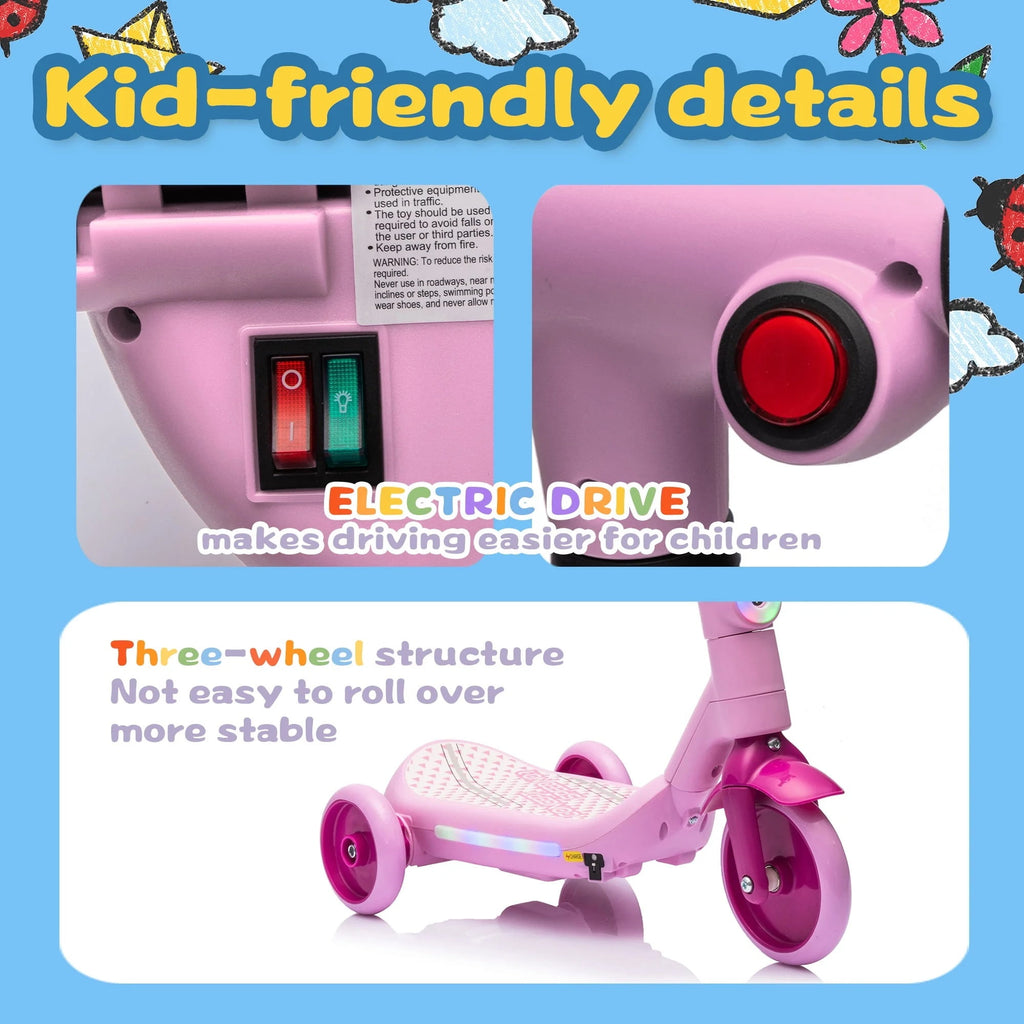 Track Seven Electric Scooter for Kids, 3 Wheels Kids Kick Scooter with Spray, LED Lights, PU Wheels, Wide Pedal, Music, Independent Light Switch, 6V Scooter for Boys Girls Toddlers Ages 3-6, Pink