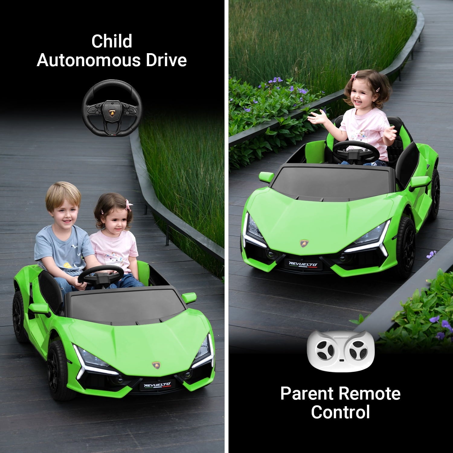 Track Seven 24V 2-Seater Ride on Car, Licensed Lamborghini Revuelto Electric Car with Remote Control, Music, LED Lights, Key Start, Spring Suspension, Max Speed 4.3mph, 24V Ride on Toy Car, Green