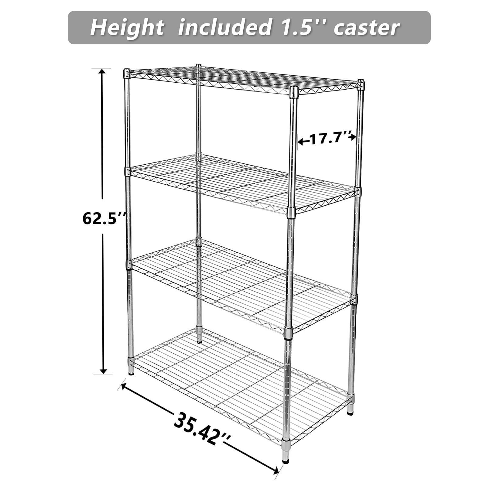 COOKCOK 4-Tier Wire Shelving, 35"D x 17"W x 62"H Storage Shelves, Garage Shelf, Heavy Duty Metal Shelf, Height Adjustable, 1000lbs Capacity