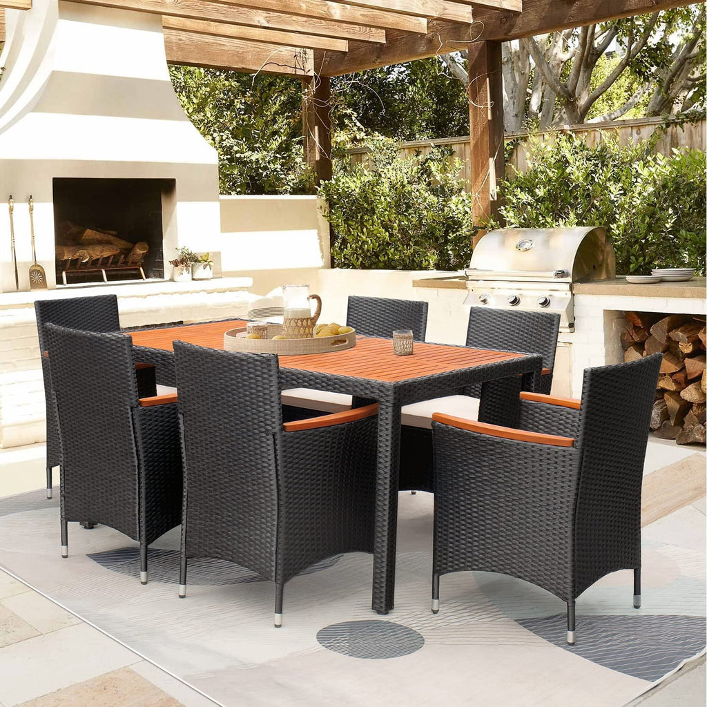 COOKCOK 7 Piece Patio Dining Set, Outdoor Acacia Wood Table & Chairs with Soft Cushion, Garden, Black