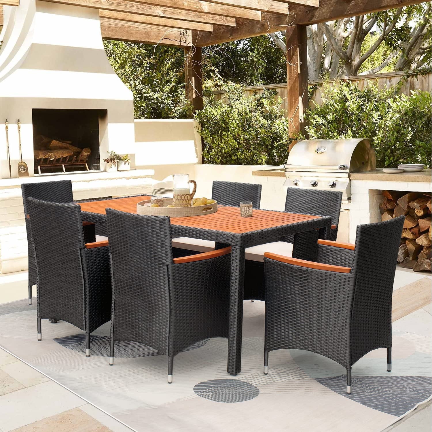 COOKCOK 7 Piece Patio Dining Set, Outdoor Acacia Wood Table & Chairs with Soft Cushion, Garden, Black