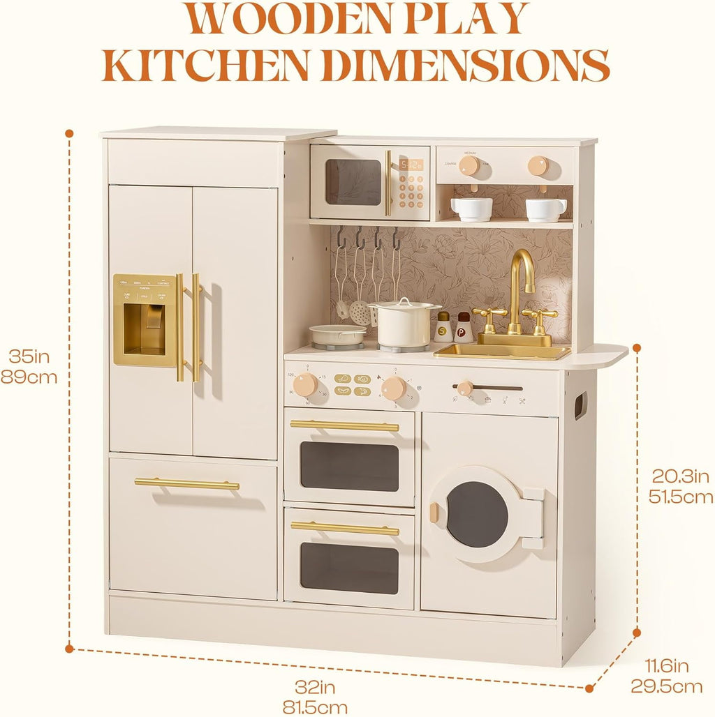 Track Seven Wooden Play Kitchen for Kids, Toddler Kitchen Set with Refrigerator, Dishwasher & Oven – Beige Kitchen Playset with Gold Sink & Handles, Toy Kitchen for Girls and Boys Ages 3