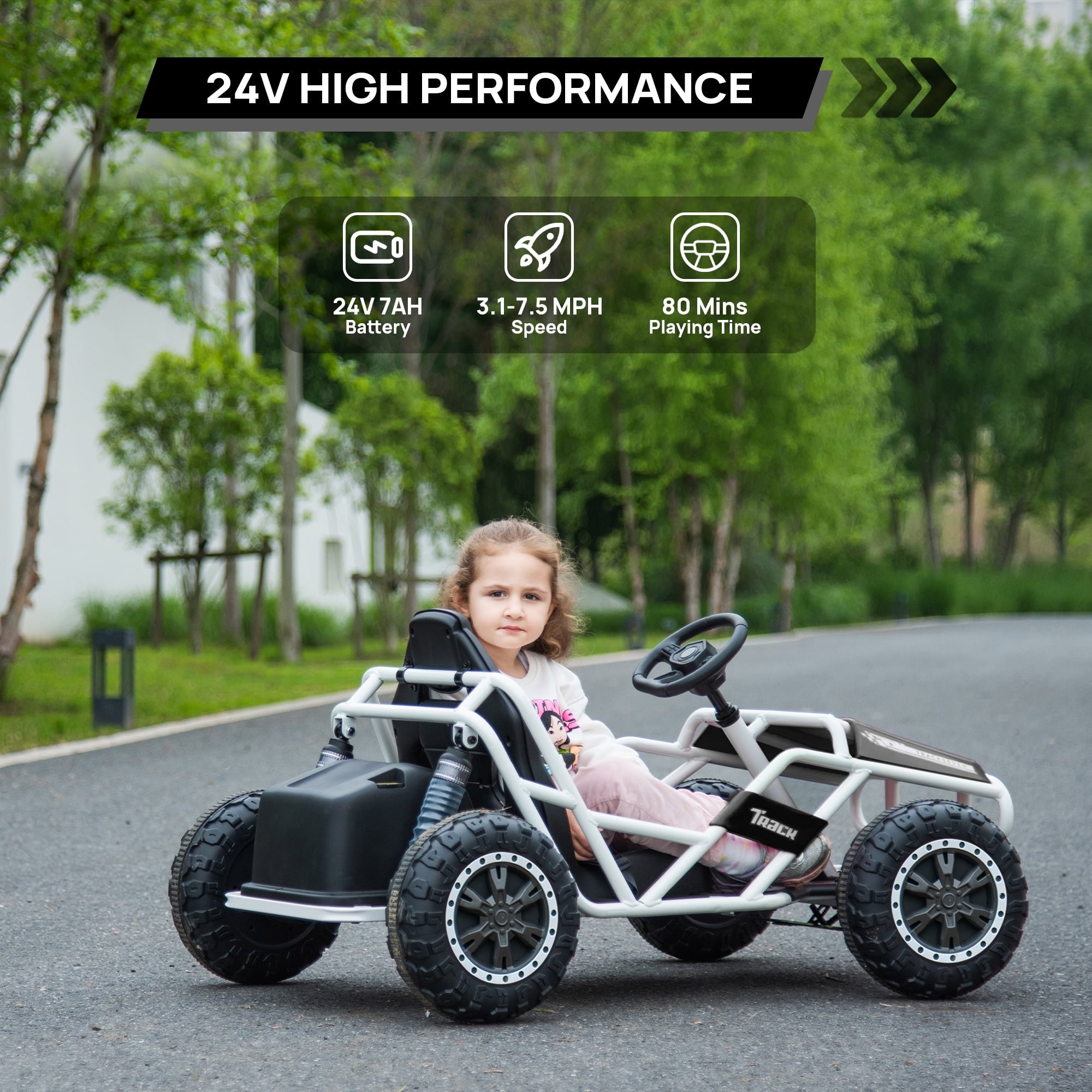 SUSIELADY 24V Kids Ride on Car, Electric Go Kart, Racing Go Kart, with Brake Foot Pedal, Durable Full Steel Frame, Speed Up to 7 MPH, for Kids Aged 6 +