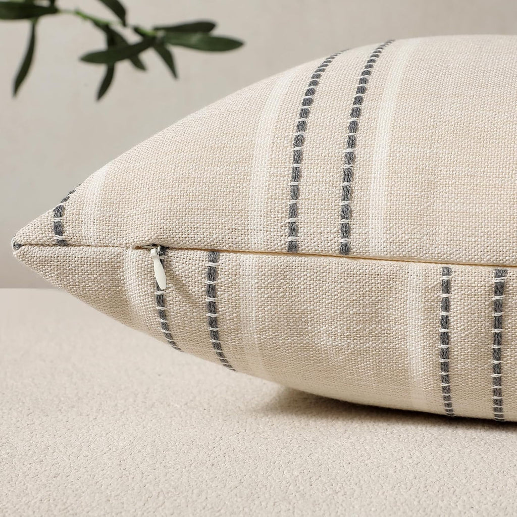 COOKCOK Throw Pillow Covers 20x20 Set of 2 Striped Pillow Covers Textured Linen Decorative Pillows Square Cushion Covers for Sofa Couch Bed Living Room Farmhouse Decor, Grey