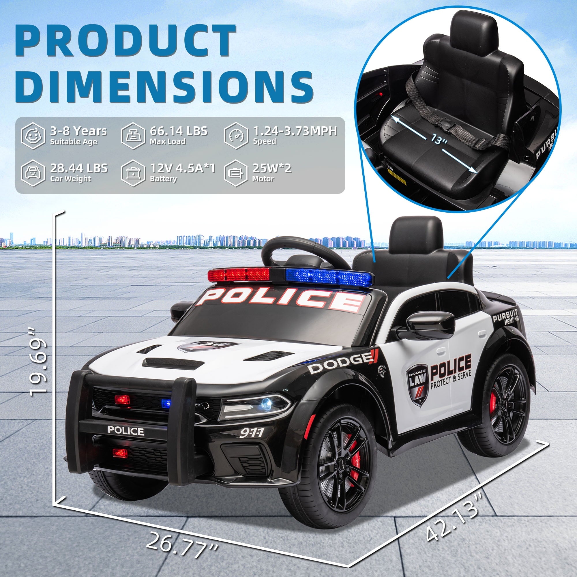 SUSIELADY 12V Kids Ride on Police Car, Licensed Dodge Charger, with Anti-Collision Bar, Front & Top Alarm Light, 4 Wheel Suspension, Remote Control, Sticker, Megaphone