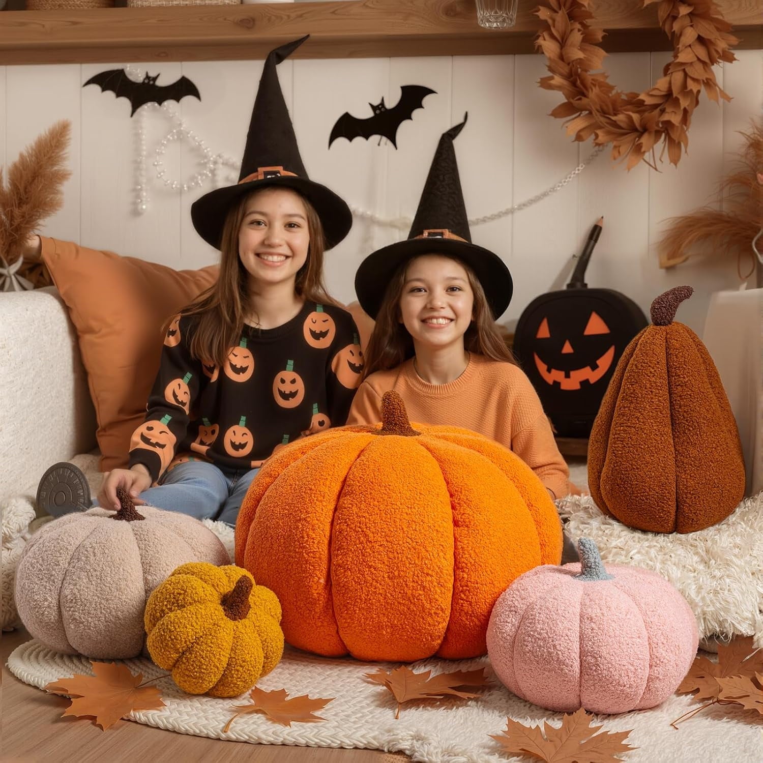 COOKCOK Fall Pumpkin Pillows Set of 2, Halloween Decoration Plush Throw Pillows Soft Fleece Sherpa Cute 3D Shaped Cushion for Sofa Couch Bedroom Autumn Thanksgiving, 12.6x8.7in & 9x5.9in, Orange