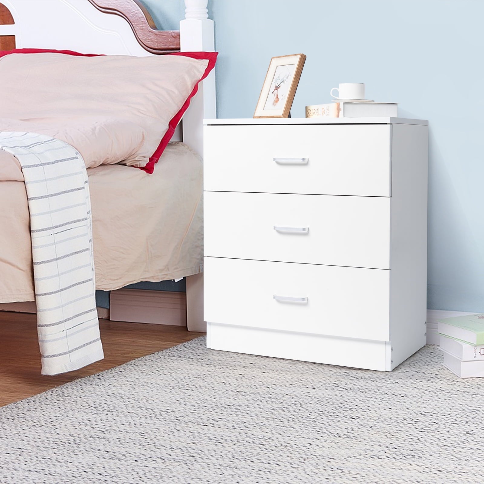 COOKCOK 3 Drawer Dresser, Wood Drawer Chest Dresser Cabinet with Storage, 22.05"x 13"x25.98", Storage Cabinet, Clothing Organizer with Cut-Out Handle, Nightstand for Living Room, Bedroom, White
