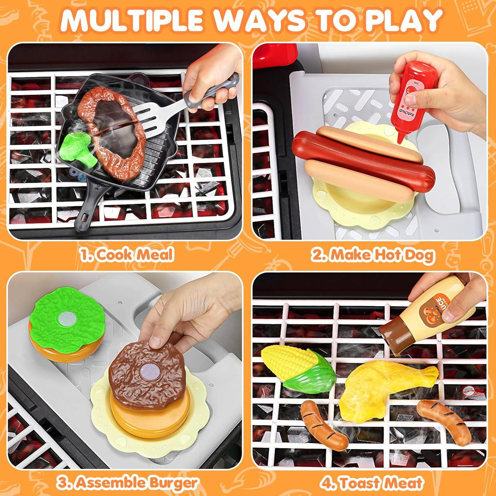 Track Seven Kids Play Kitchen Toys, Kids BBQ Grill Playset with Smoke Sound Light, 2-Layer Barbecue Toy with Wheels, Outdoor Play Food Toys Cooking Set for Toddlers 3-5, Birthday for Boys Girls