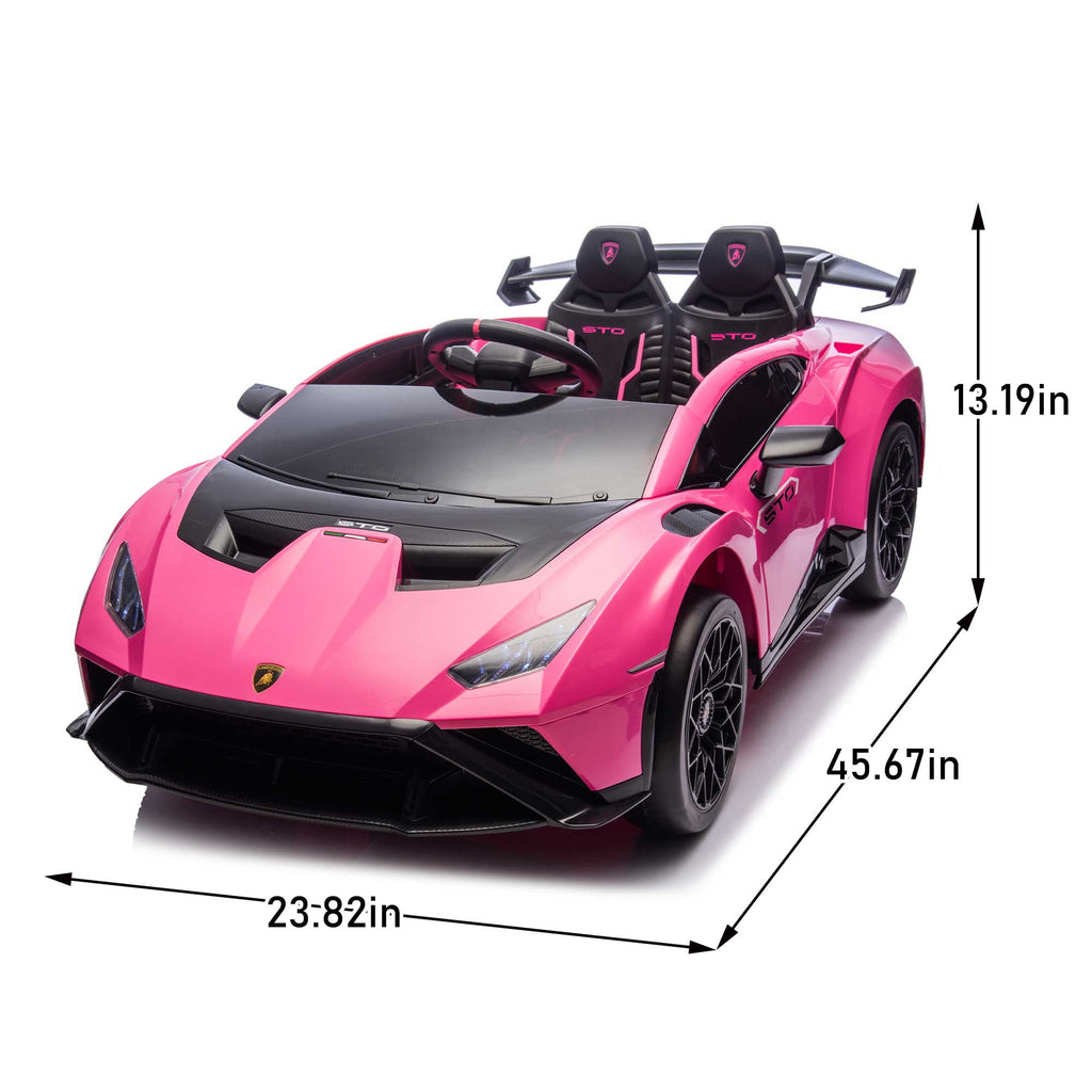 Track 7 24V Kids Ride on Car, Licensed Lamborghini STO Electric Car,2 Seats, 360° Spin, Speeds 1.86-5.59 MPH, LED Lights & Dynamic Music, Foam Wheels & Drift Mode for Ages 3-8, Pink