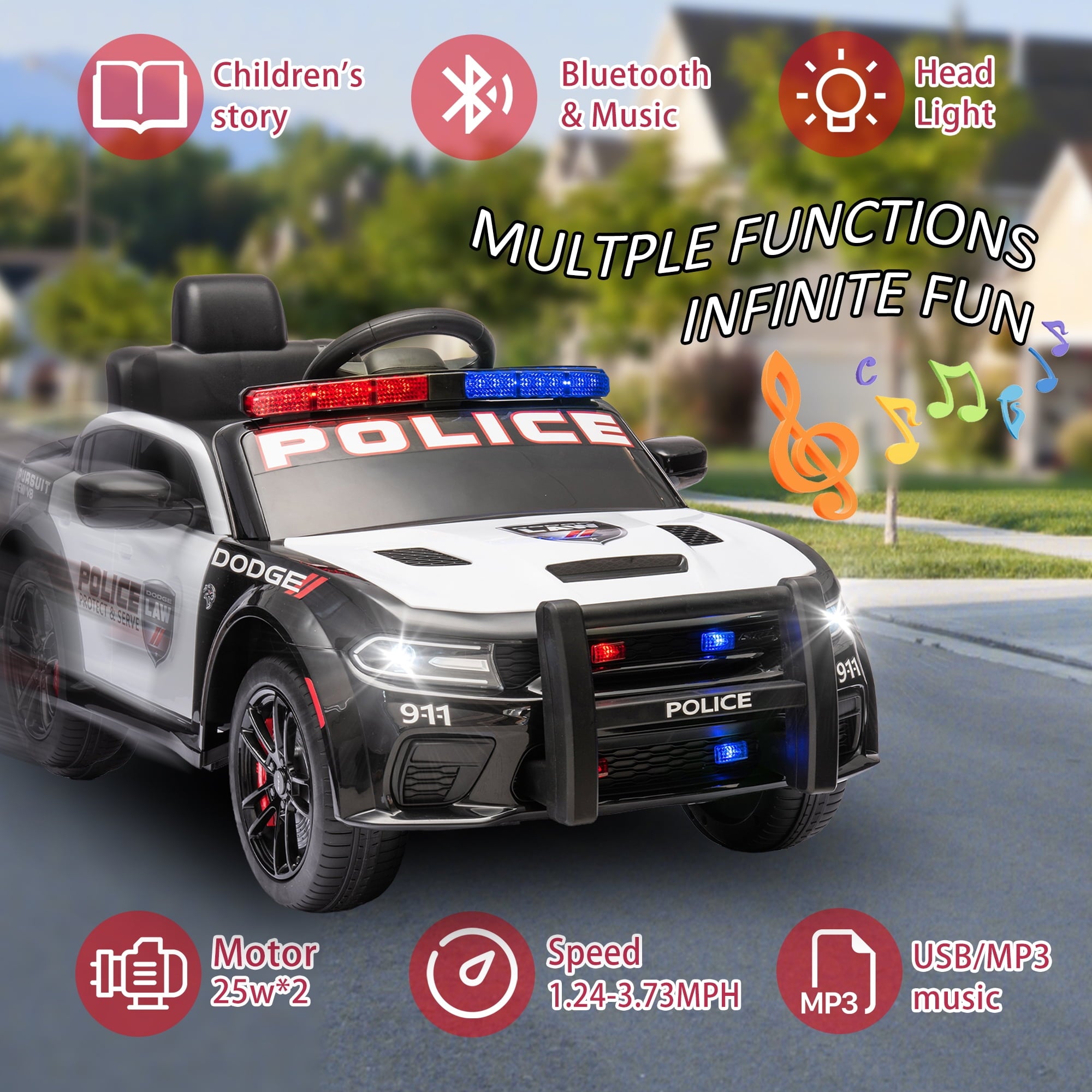 Track 7 Licensed Dodge Charger SRT Ride on Car, 12V Kids Ride on Police Car with Remote Control, Music, Alarm Lights, Megaphone, Electric Car for Kids Age 3+, White